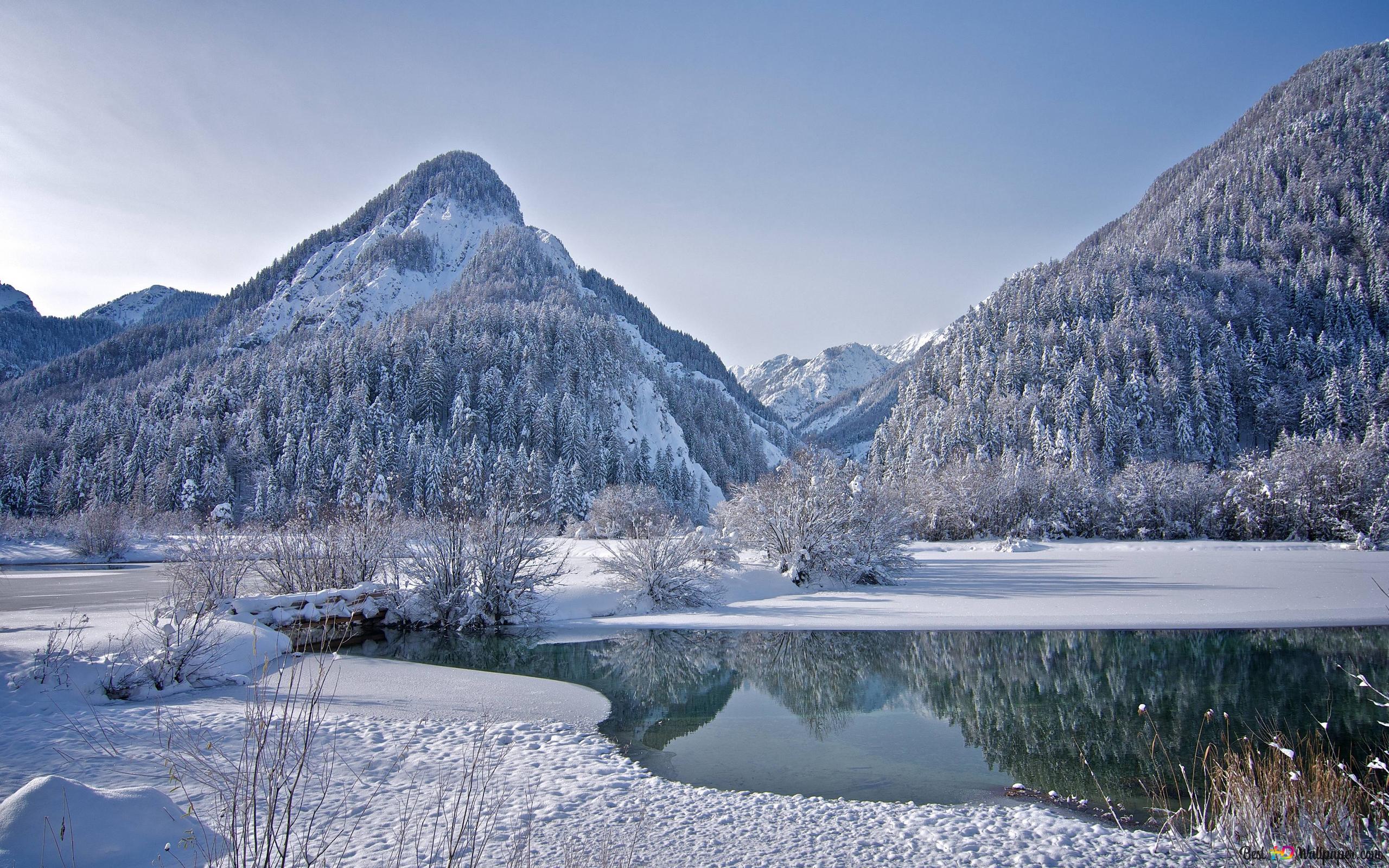 Lakeside Winter landscape 4K wallpaper download