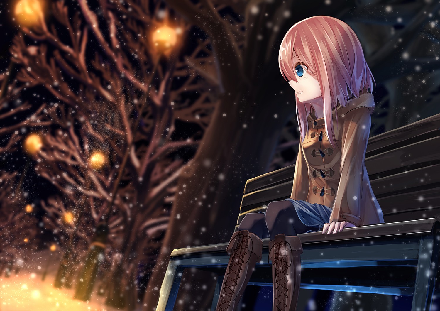 Wallpaper, night, anime girls, snow, winter, original characters, pink hair, darkness, screenshot, special effects 1500x1060