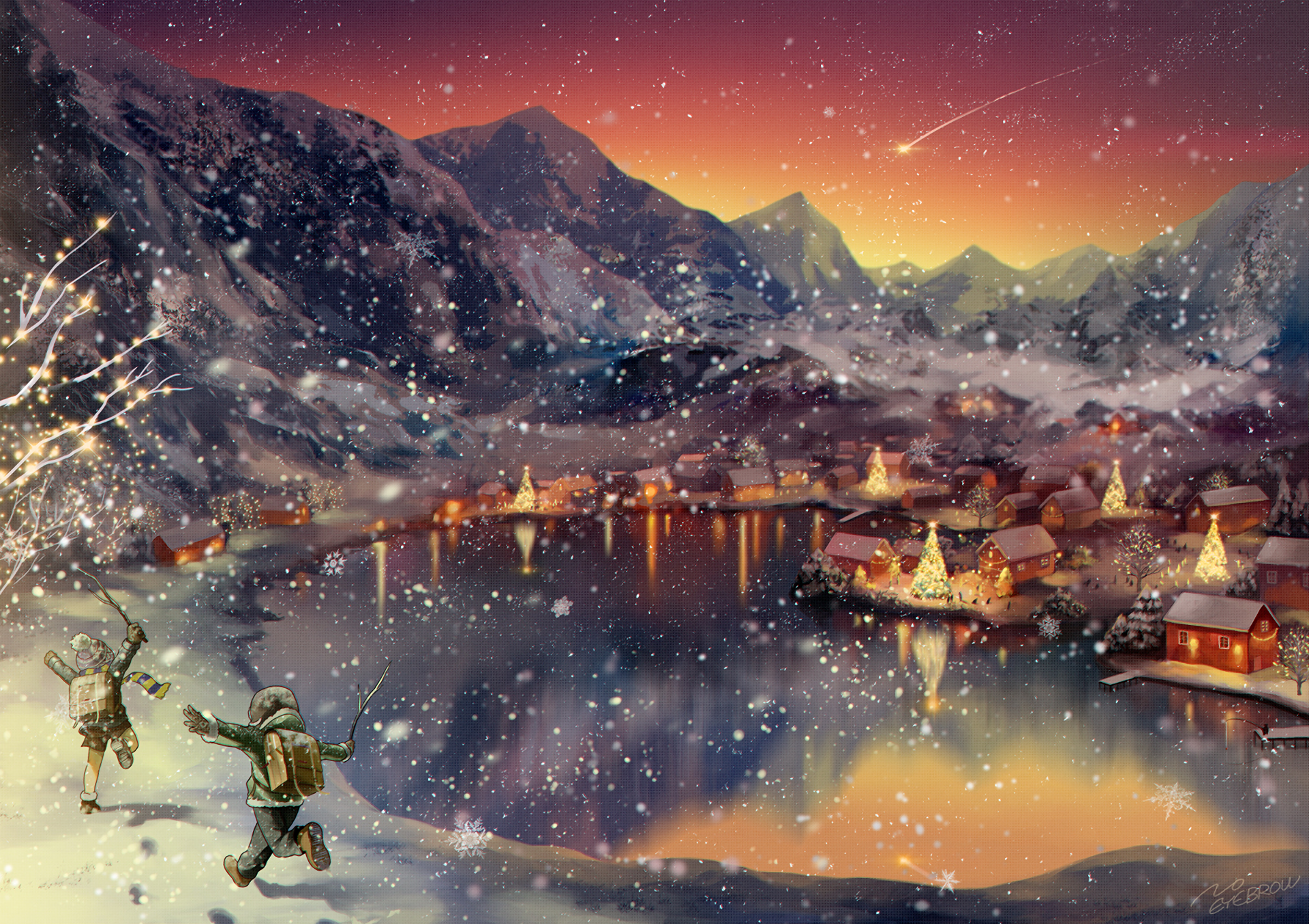landscape, anime, winter, mountains, sunset, artwork, lake, Christmas Gallery HD Wallpaper