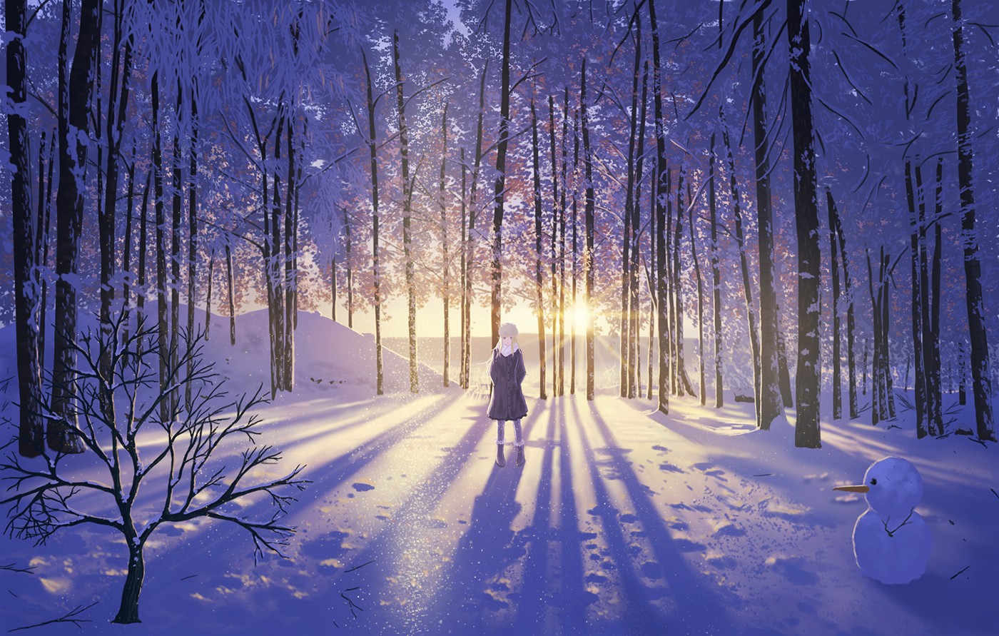Wallpaper, sunlight, forest, night, anime, snow, winter, branch, ice, morning, frost, Freezing, tree, weather, season, atmospheric phenomenon, woody plant 1400x891