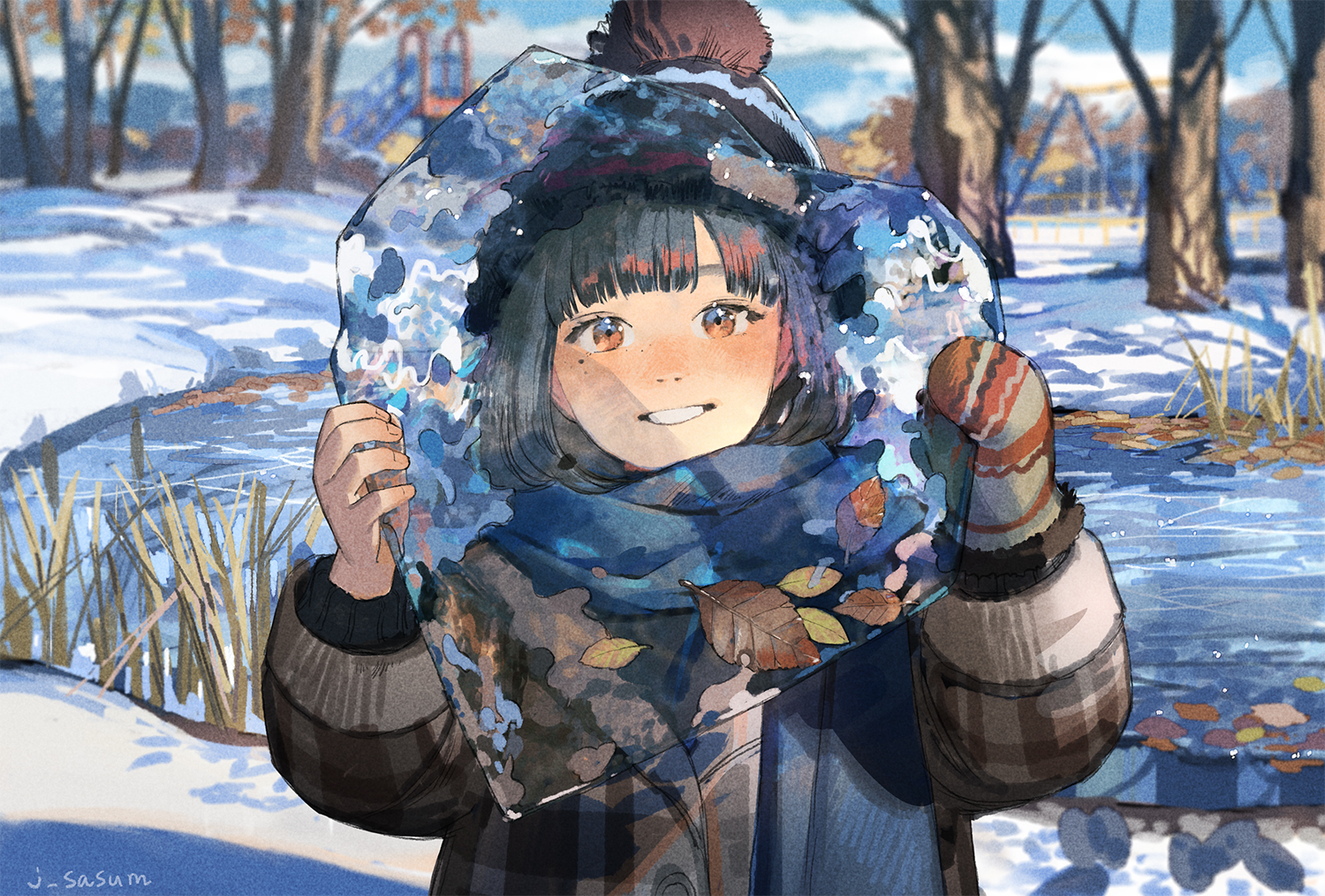 Wallpaper, anime girls, winter, snow, trees, leaves, ice, dark hair, long hair, mittens, smiling, orange eyes, scarf, swing, lake 1500x1014
