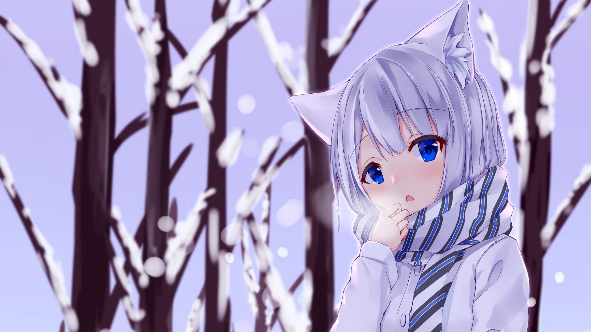 Download wallpaper 2048x1152 girl, neko, ears, winter, cold, snow, anime ultrawide monitor HD background