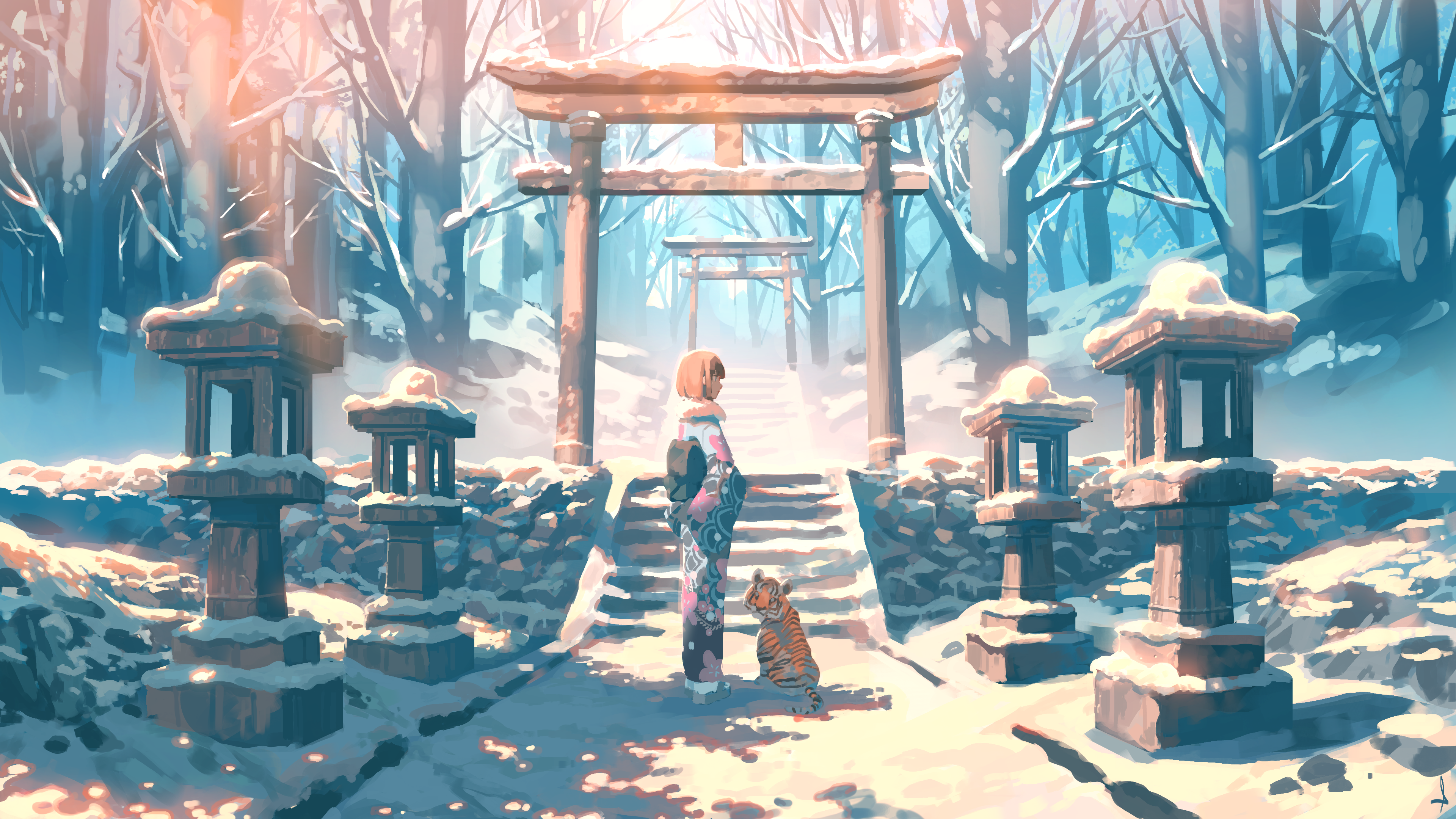 Girl 4K, Torii, Winter Gallery HD Wallpaper