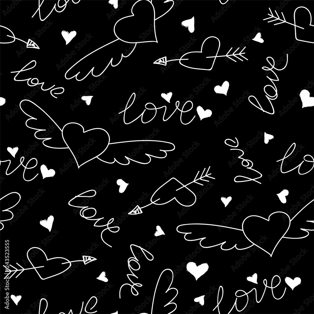 Hand drawn doodle love seamless pattern for wedding, Valentine's Day wallpaper, background design. Vector illustration with heart, love, arrow, lettering text. Hand drawn sketch style. Stock Vector