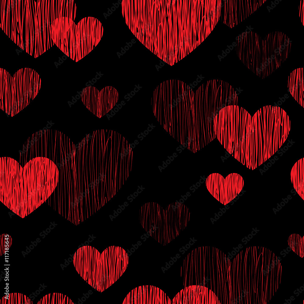 Love heart seamless pattern. Happy Valentines day pencil sketch tiled background. Valentine's day red and black ornament Stock Illustration