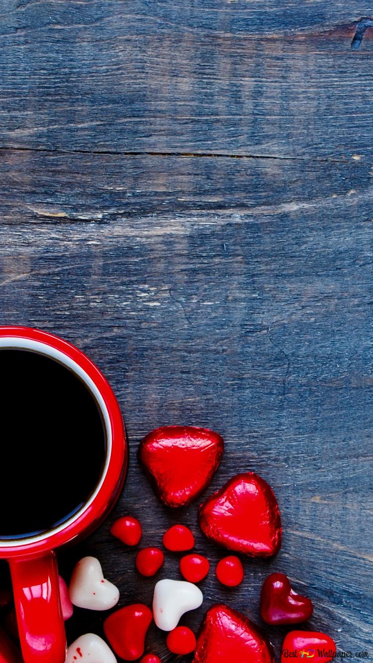 Valentine's day coffee with heart candies 2K wallpaper download