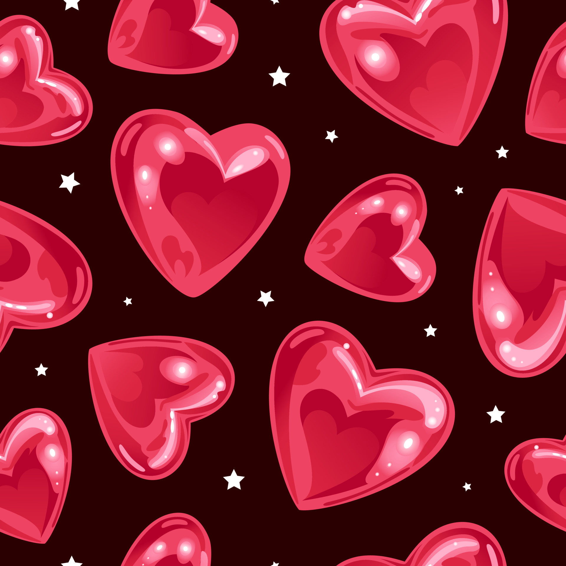 Valentines Day. Bright Seamless Pattern With Shiny Realistic Heart Shaped Balloons And Stars. On A Black Background. For Wallpaper, Printing On Fabrics, Packaging