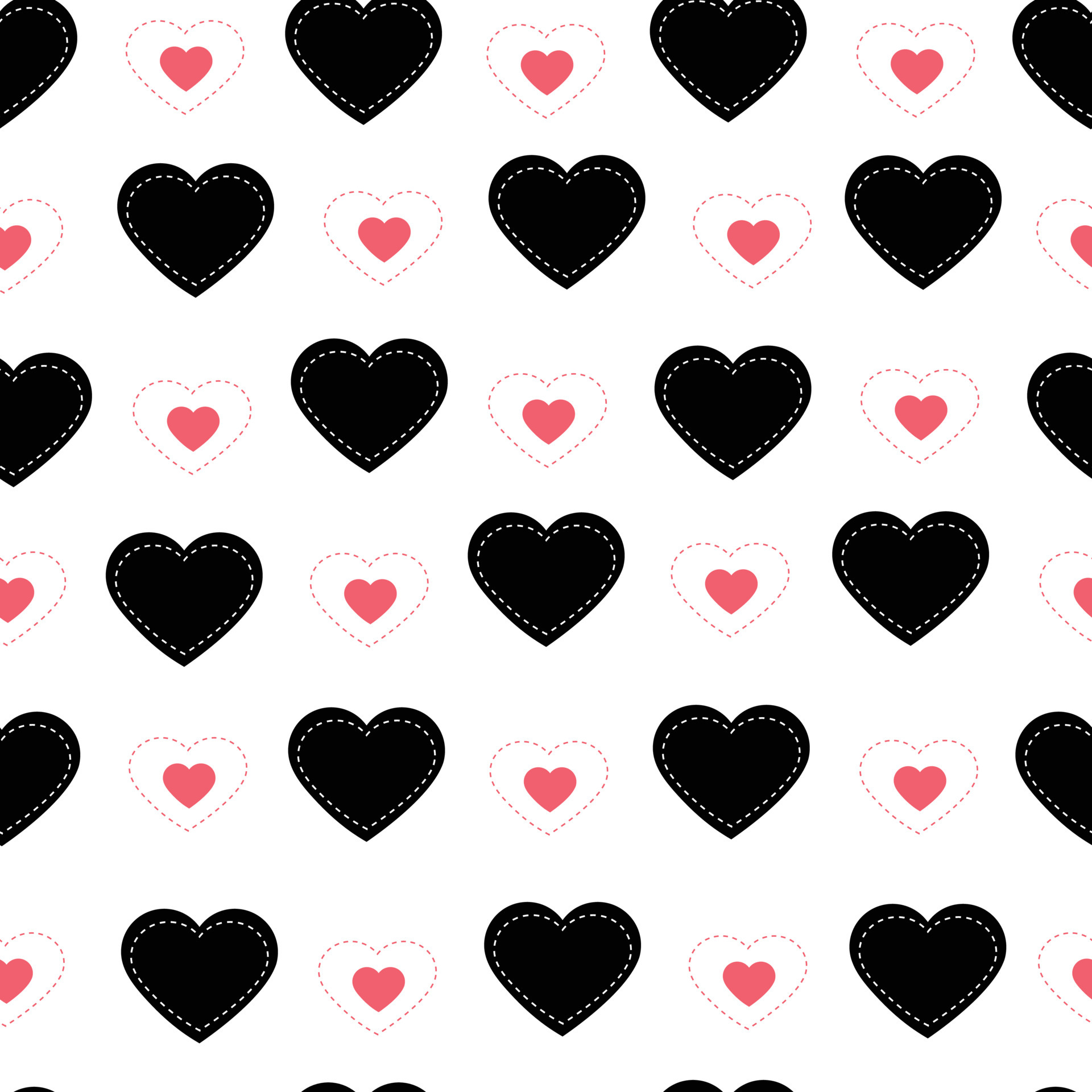 Black heart with white dotted lines. Seamless pattern Valentines day background The flat design for print, wallpaper, textiles. Vector illustration