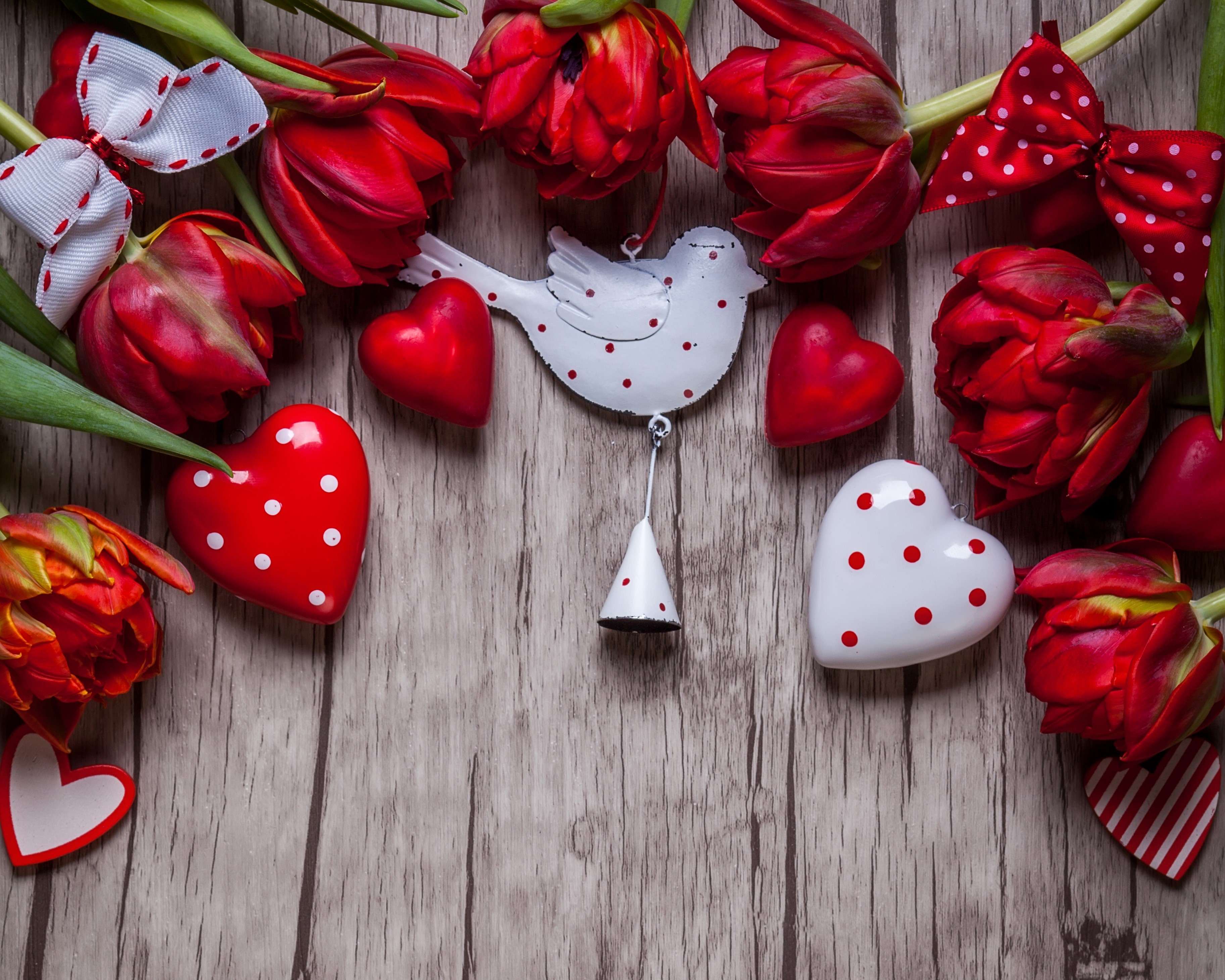 Valentine's Day, Tulips, Birds, Wood planks, Red, Heart, Bells Gallery HD Wallpaper