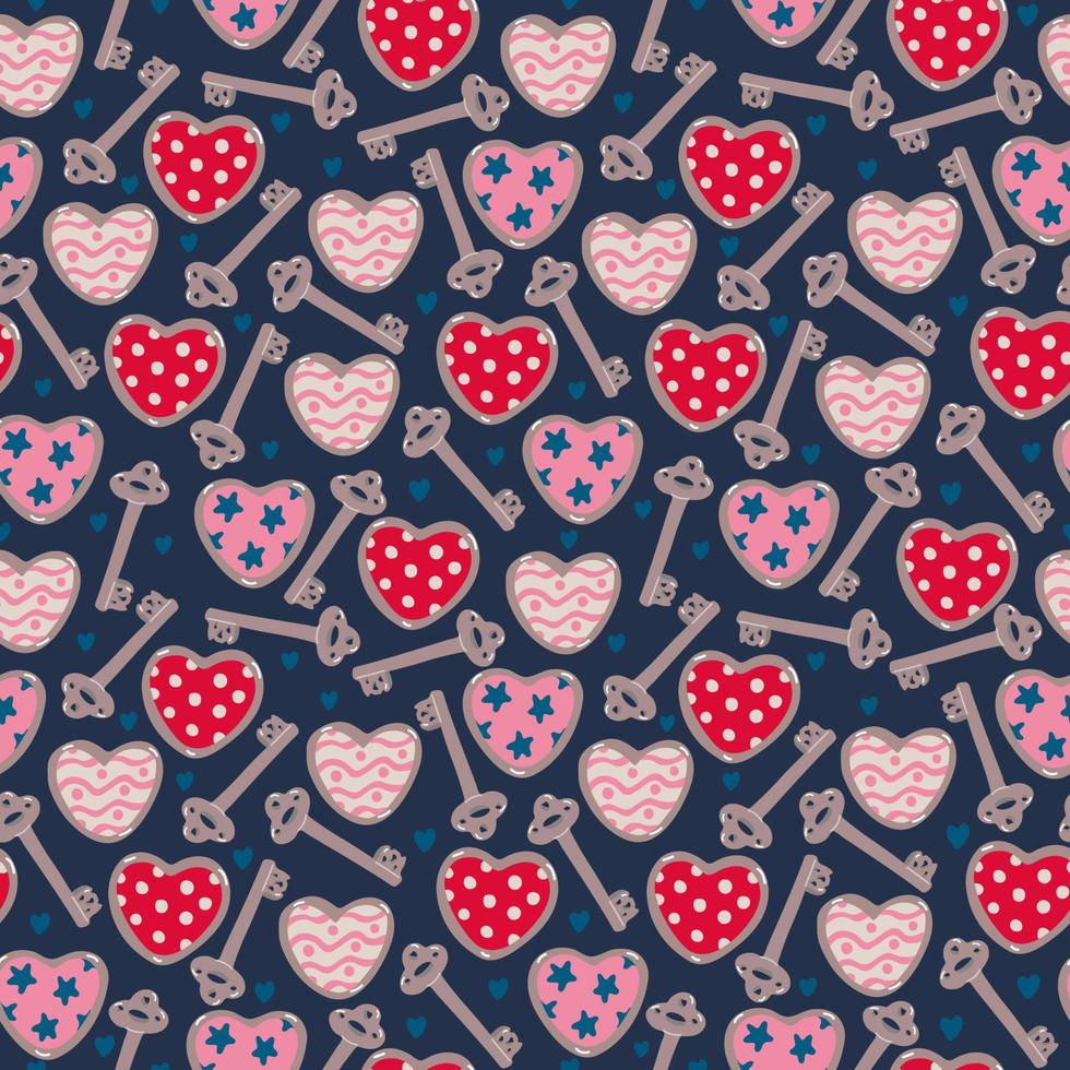Seamless pattern with vintage keys and hearts decorated with patterns for Valentine's day, wedding on navy blue. Great for fabrics, wrapping papers, wallpaper, covers. Pink, red, brown colors. Vector Art