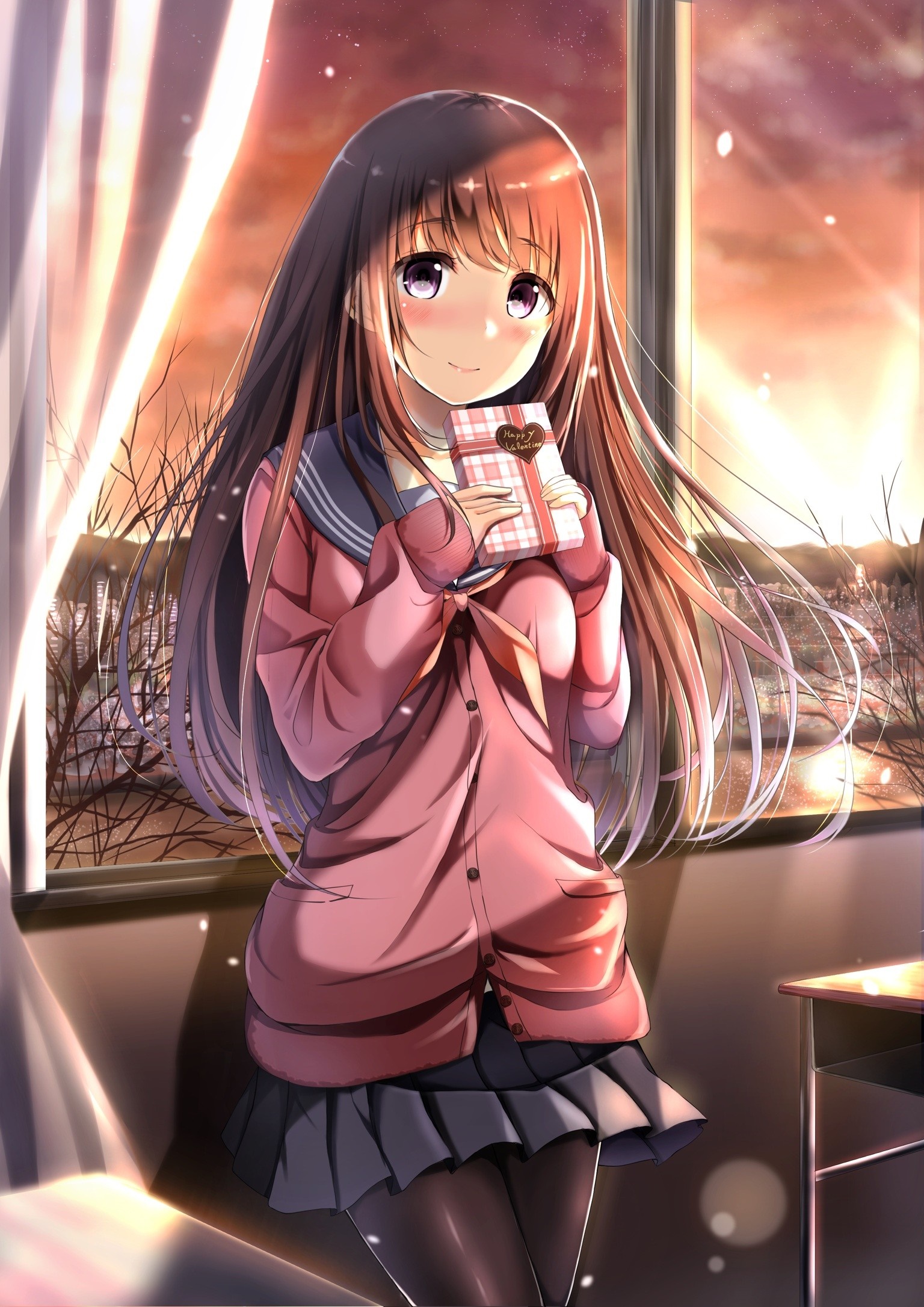 long hair, anime, anime girls, brunette, skirt, Valentines Day, screenshot, mangaka Gallery HD Wallpaper