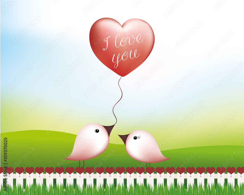 Concept Valentine's day. Romantic illustration with two little birds in love. Greeting. Card decoration. Concept love. Wallpaper Stock Vector