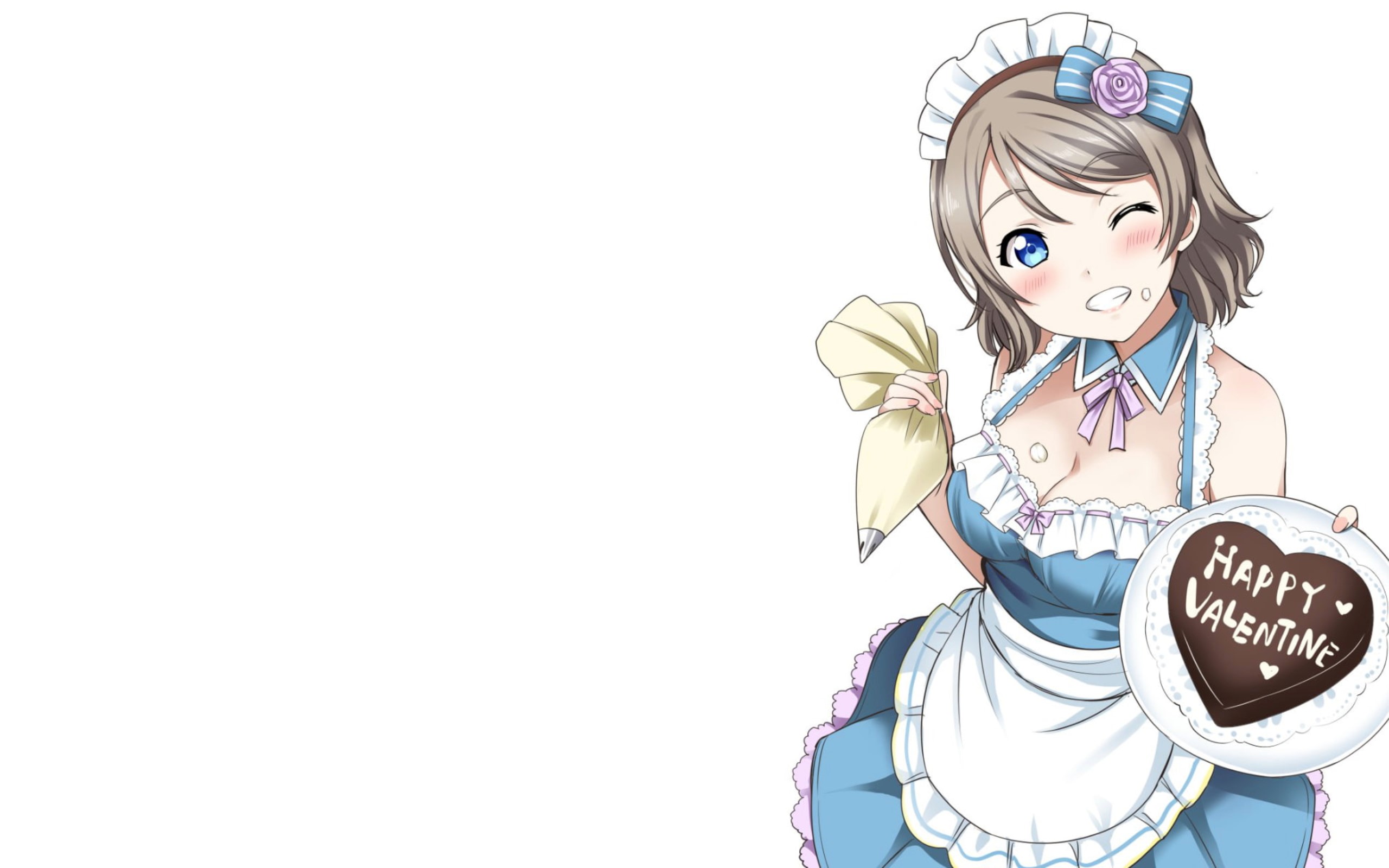 Love Live! Sunshine, Love Live!, anime girls, heart, Valentines Day, Watanabe You, wink, Love Live Series, cake, waitress Gallery HD Wallpaper