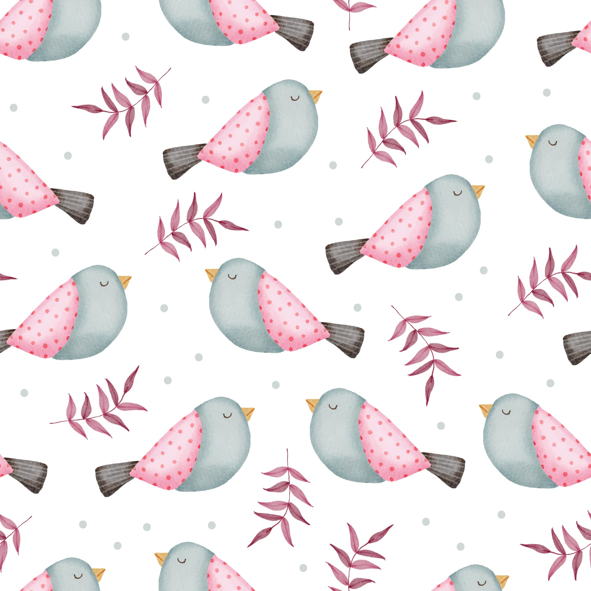 Valentine seamless pattern with birds, leaves and more on a png background. Perfect for wallpaper, web page background, textile, greeting cards and wedding invitations