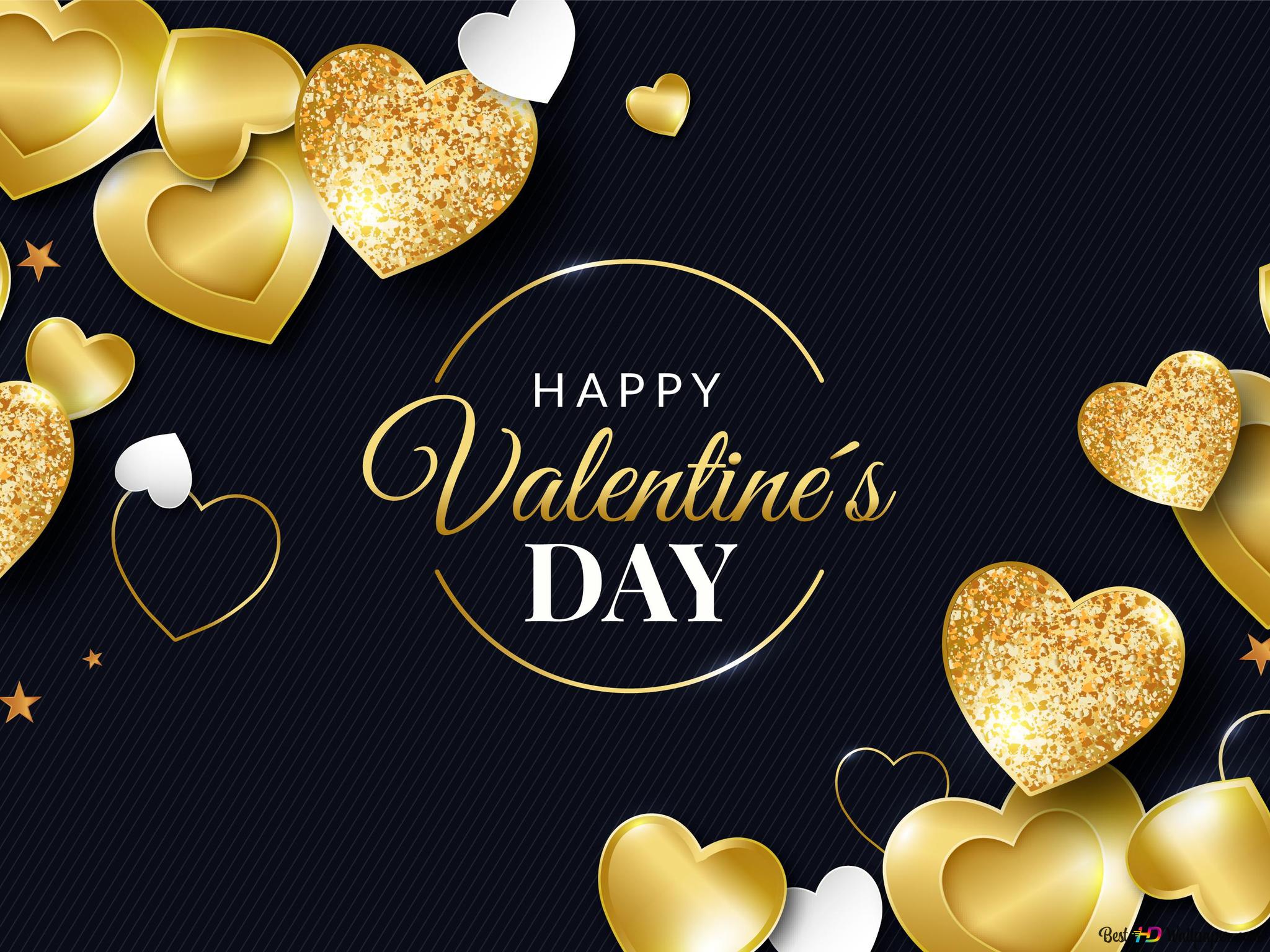 Gold little hearts black background and happy valentine's day lettering 2K wallpaper download
