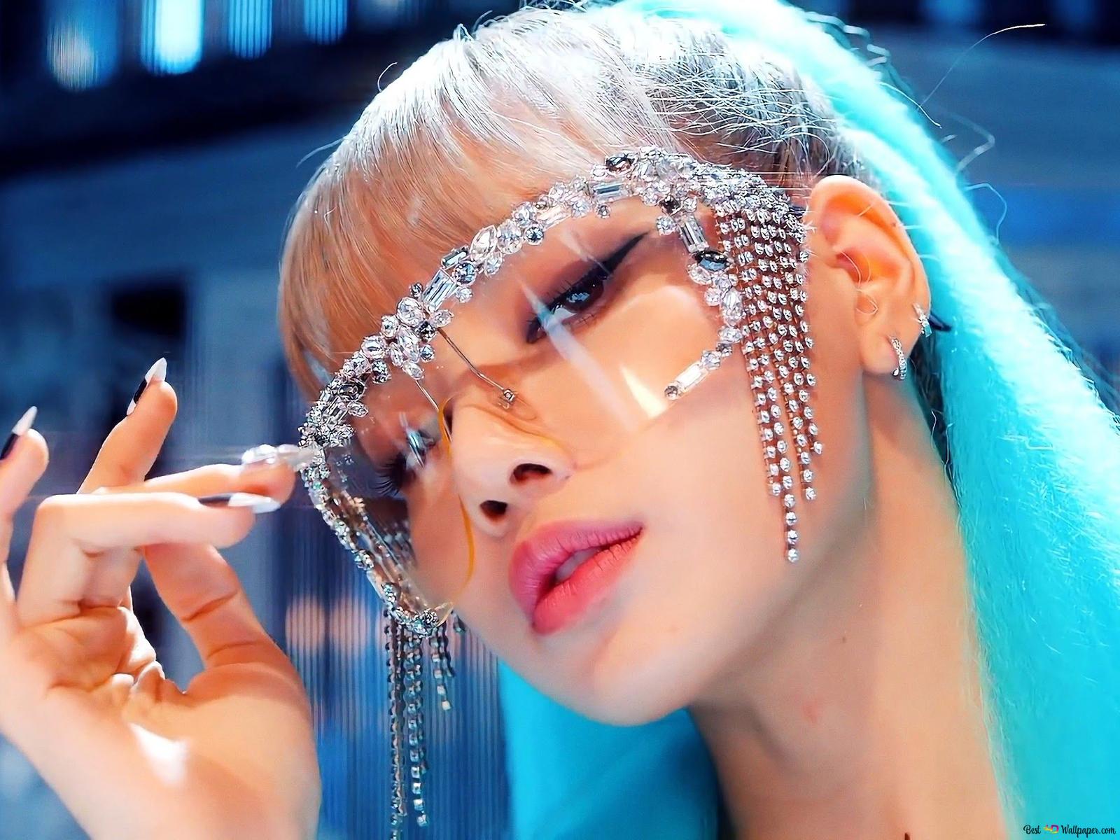 Blackpink group member singer dancer and rapper lalisa manobal posing with glasses with her blonde blue hair 2K wallpaper download