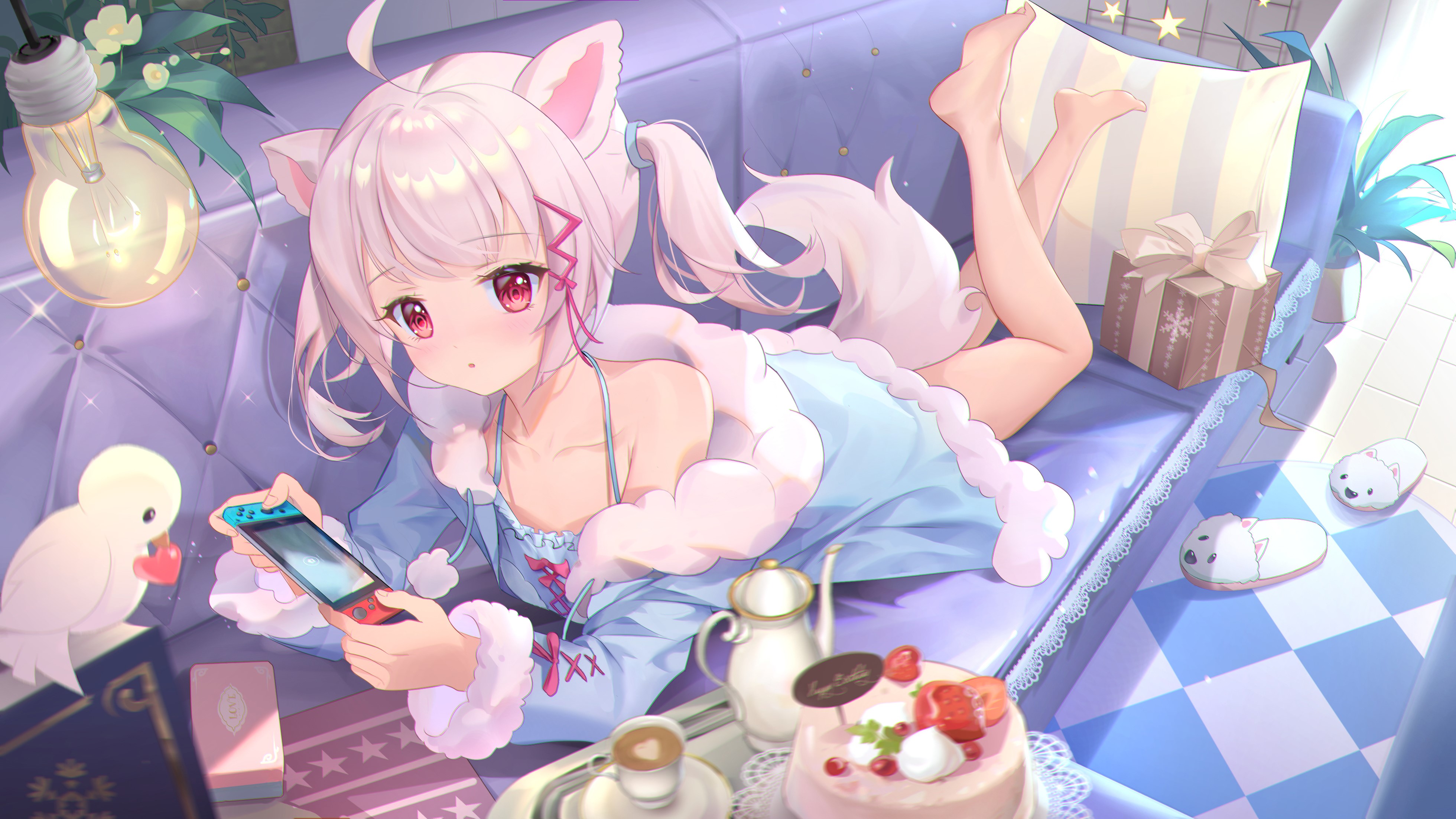 4K, lying on front, tail, animal ears, Somna, anime girls, Nintendo Switch Gallery HD Wallpaper