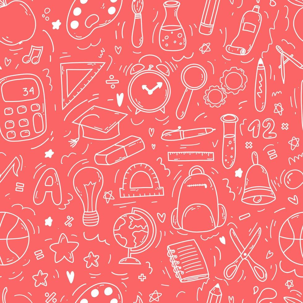 Hand drawn doodle seamless pattern with school icons on pink background. Vector illustration of supplies, back to school concept for print, web and textile design, stationery