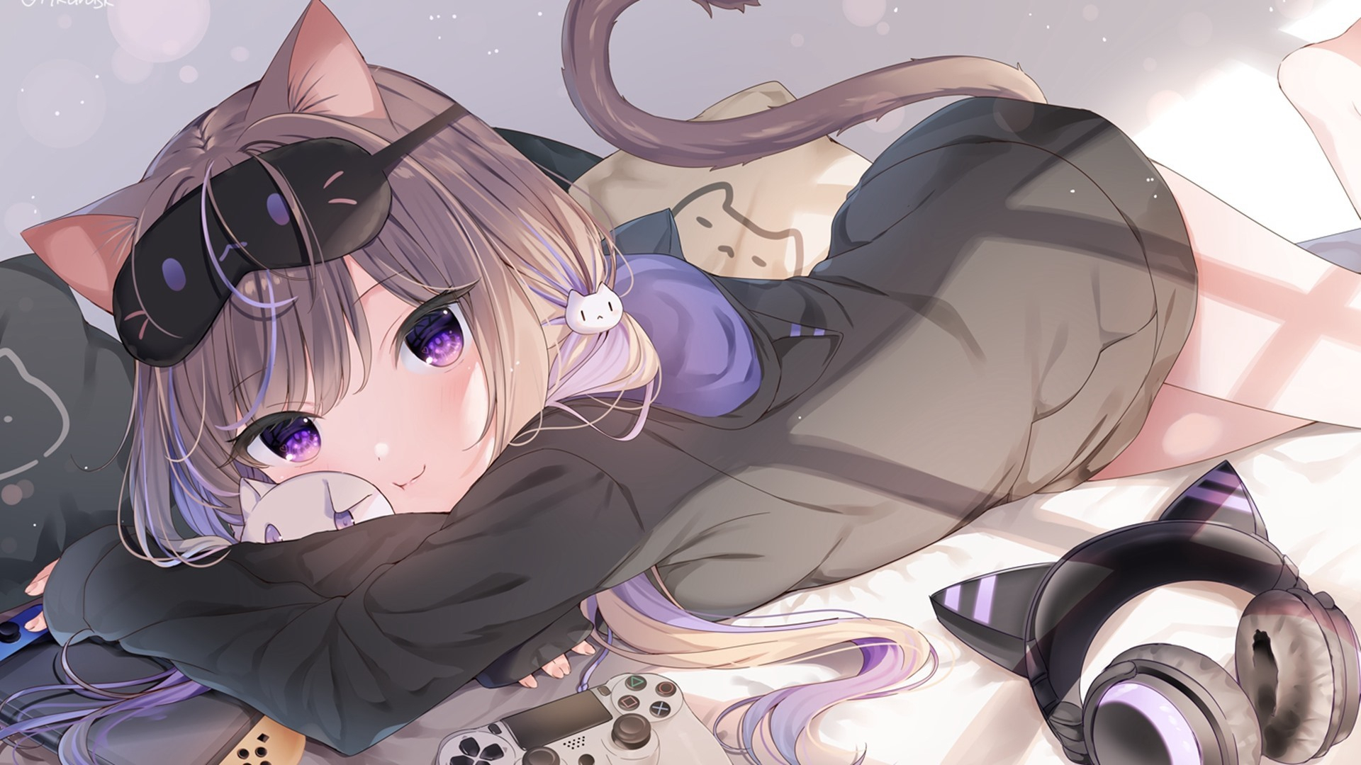 Anime Girls Anime Cat Girl Cat Ears Cat Tail Purple Eyes Headphones PlayStation 4 Nintendo Switch Co Wallpaper:1920x1080