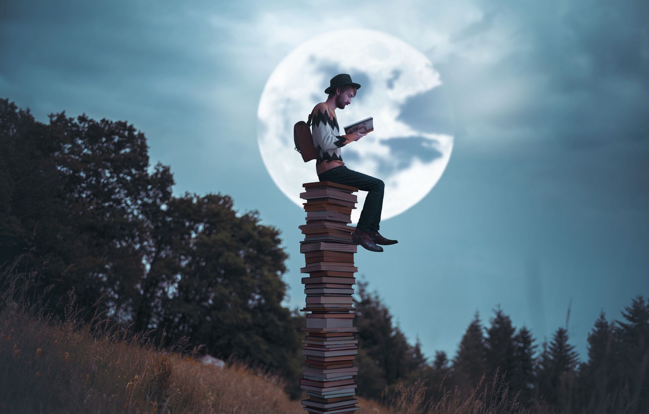 Wallpaper the moon, books, reading, Vincent Bourilhon, The night storyteller image for desktop, section ситуации