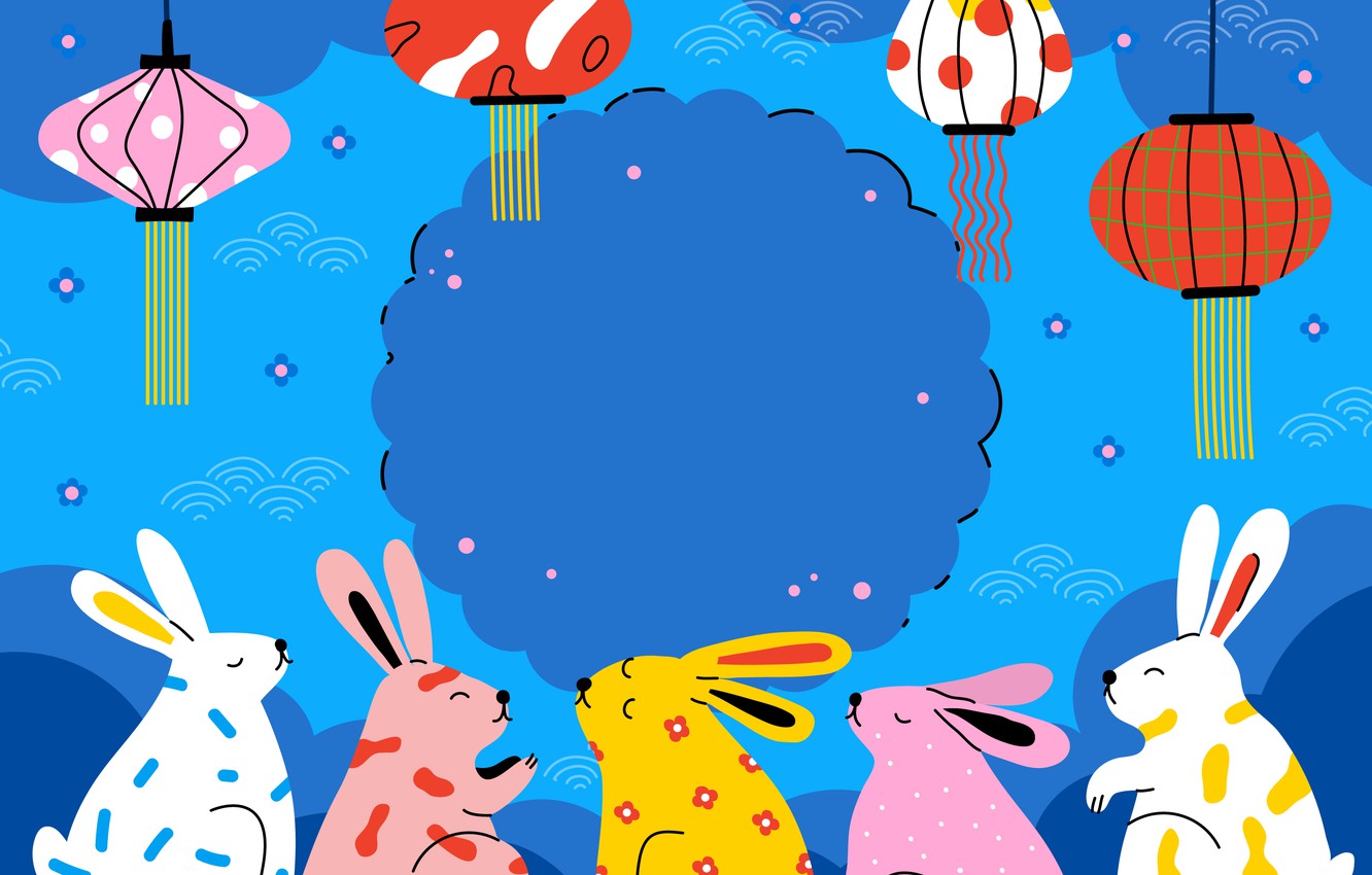 Wallpaper water, graphics, round, styling, rabbit, Christmas, rabbits, New year, rabbits, company, lanterns, colorful, a lot, blue background, blue background, the year of the rabbit image for desktop, section новый год