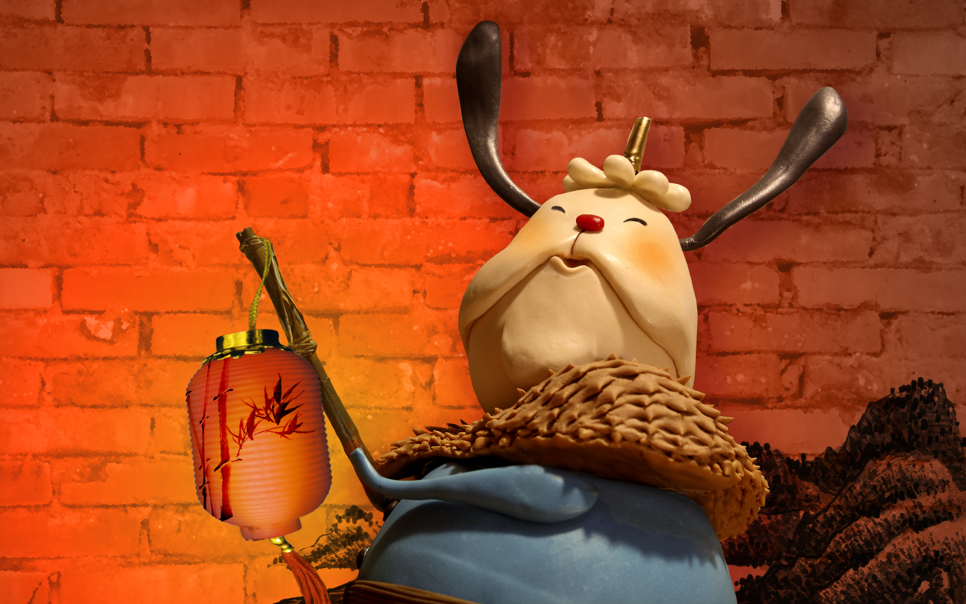 a rabbit with lantern New Year Wallpaper