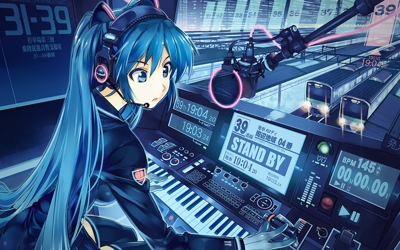 wallpaper for desktop, laptop. hatsune miku anime girl train blue art illustration cute