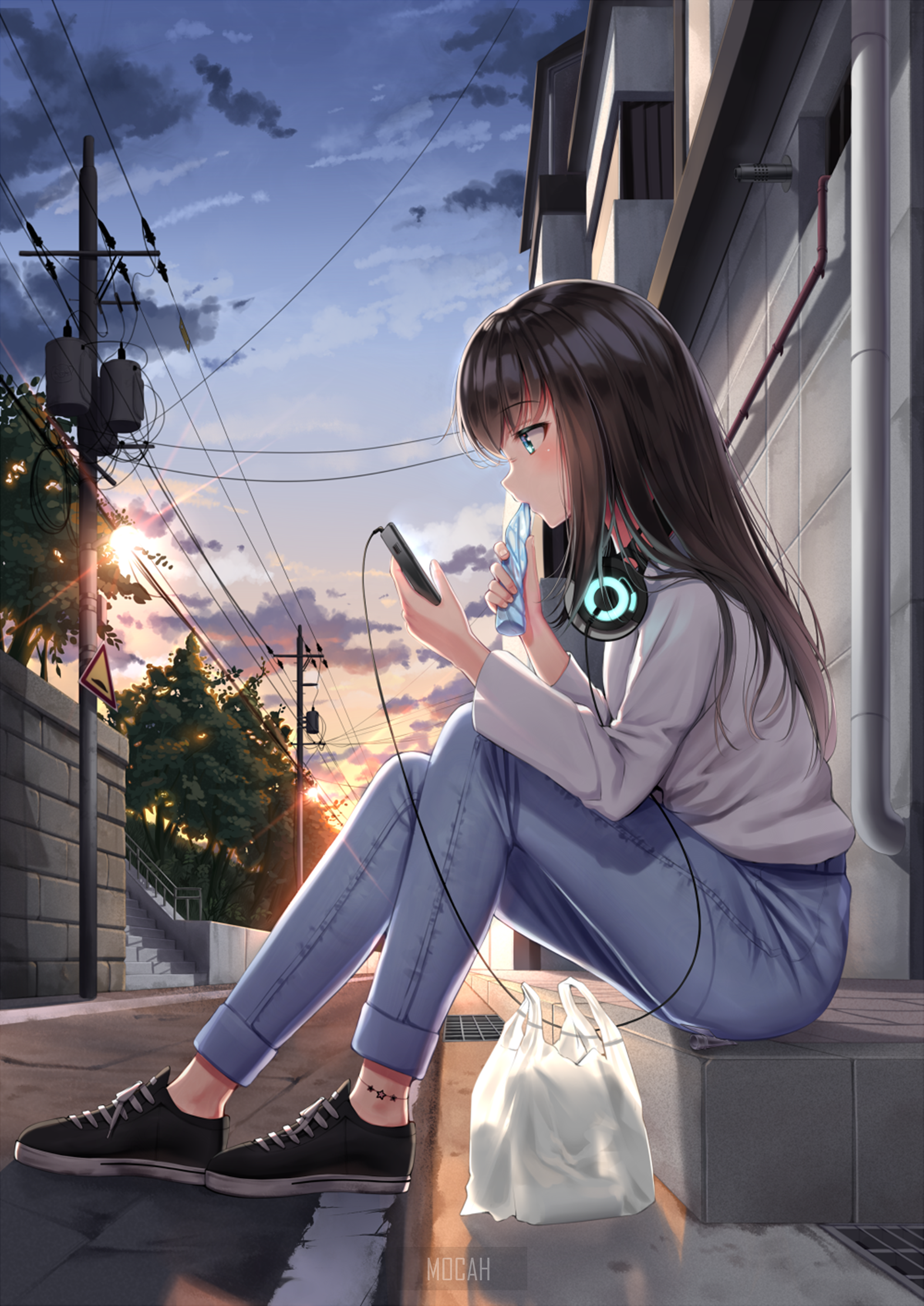 anime, anime girl, sitting, urban, headphones, smartphone, outdoors, dark hair wallpaper hd, 2122x3000 Gallery HD Wallpaper