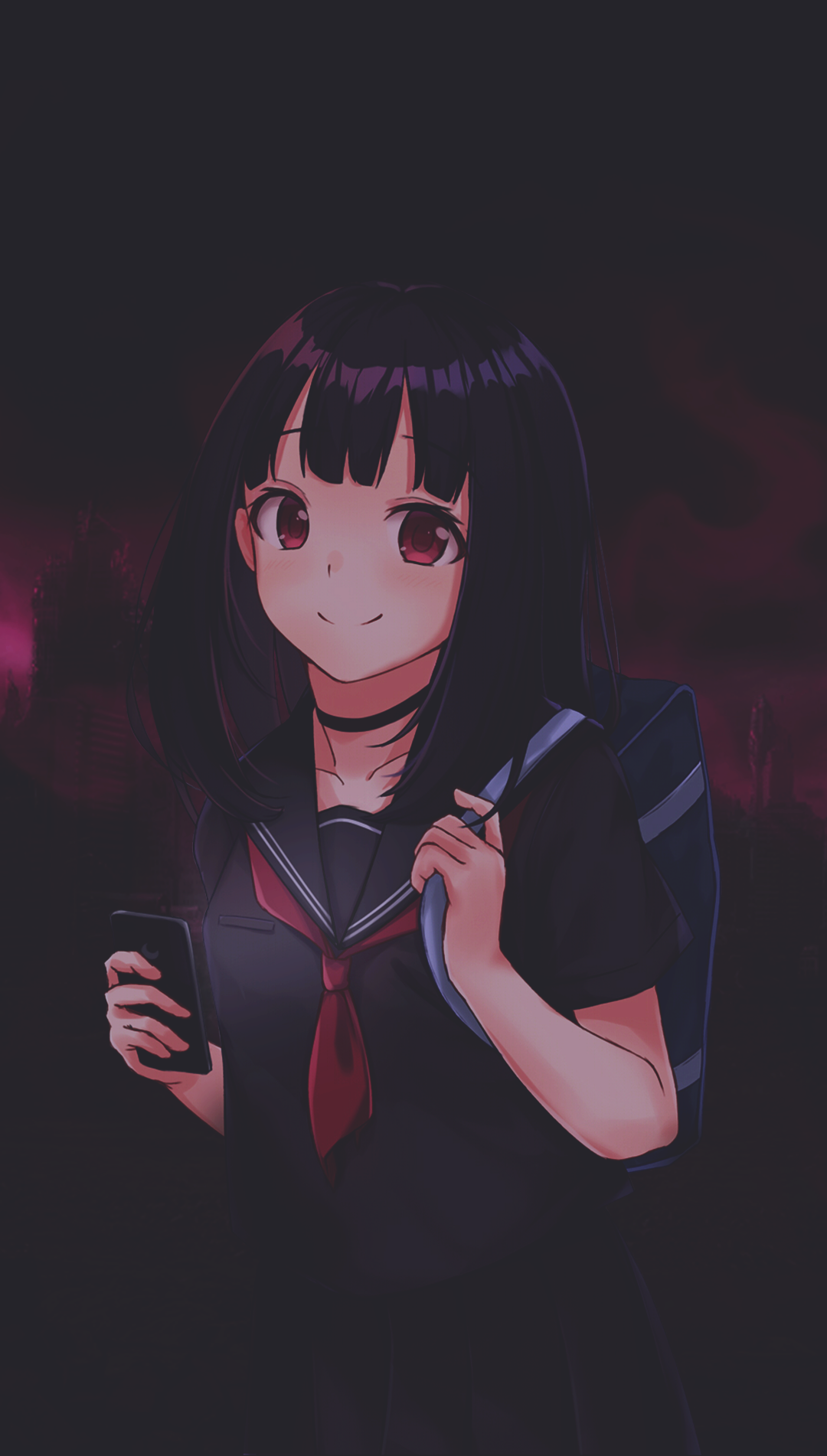 Anime Girls, Picture In Picture, Anime, Smartphone, Red Eyes, Tie, Dark Gallery HD Wallpaper