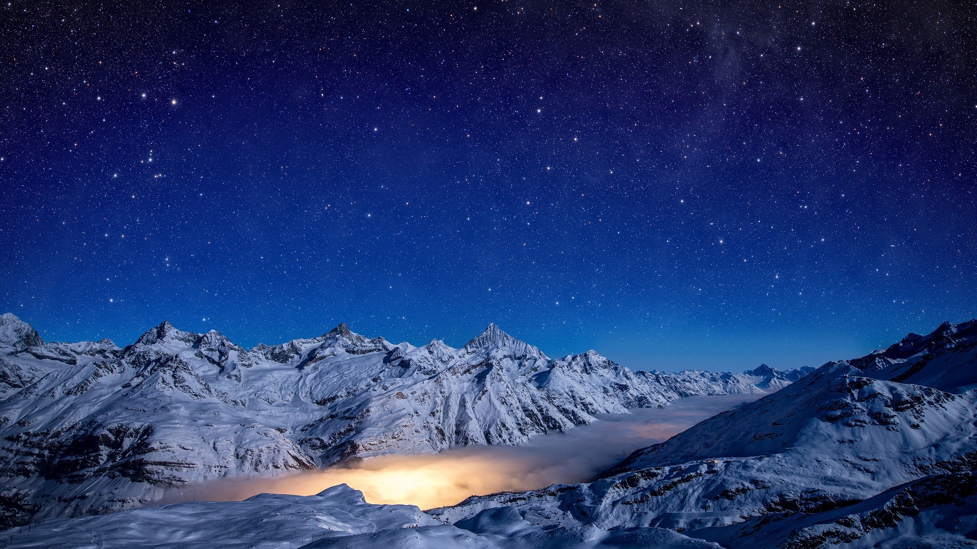 Wallpaper, landscape, mountains, night, snow, winter, long exposure, stars, mist, Switzerland, Alps, Aurora, mountain, geological phenomenon 1920x1080