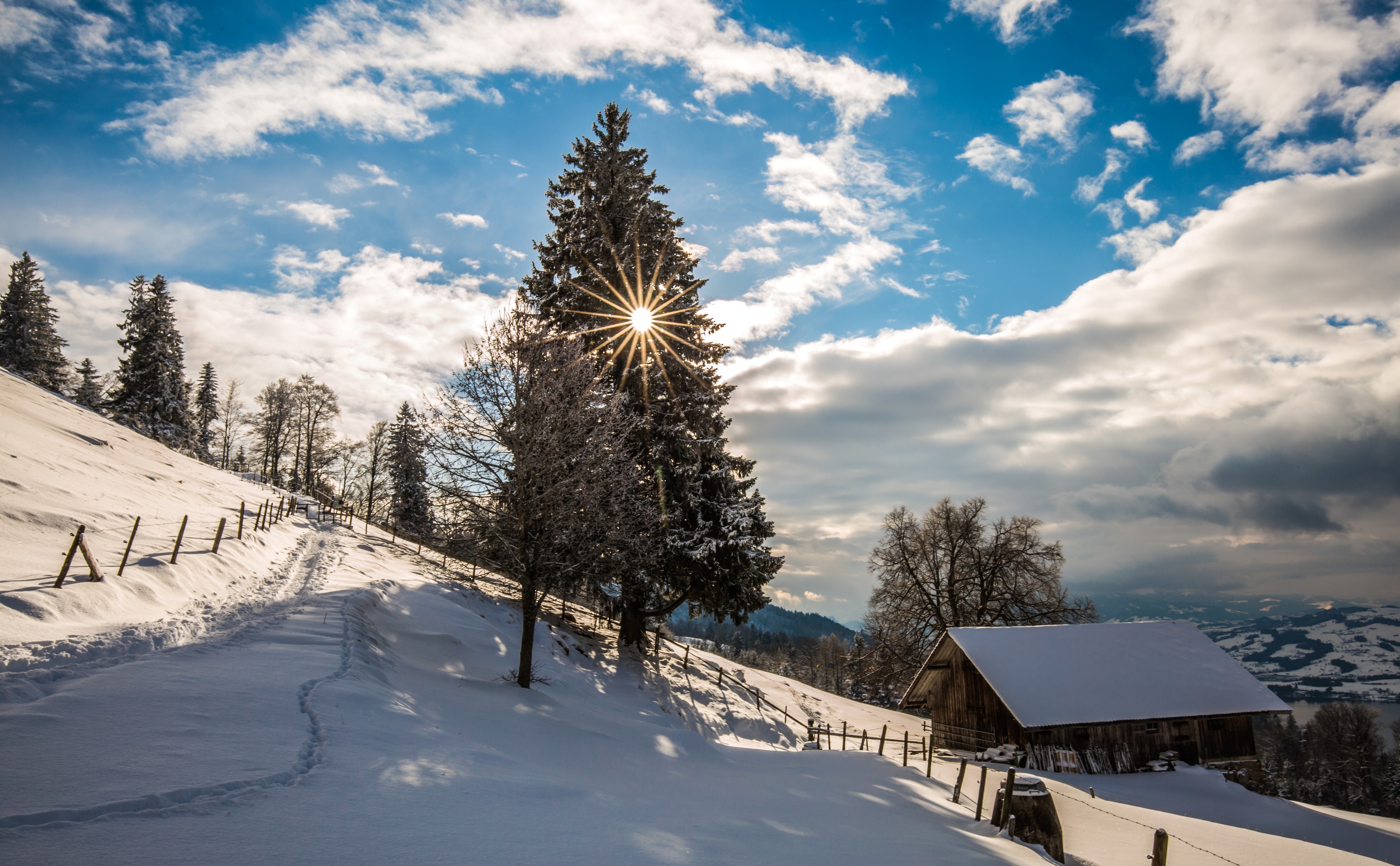 Zugerberg, Switzerland, Winter, Sky, Houses, Snow, Spruce, Sun, Clouds, Trees Gallery HD Wallpaper
