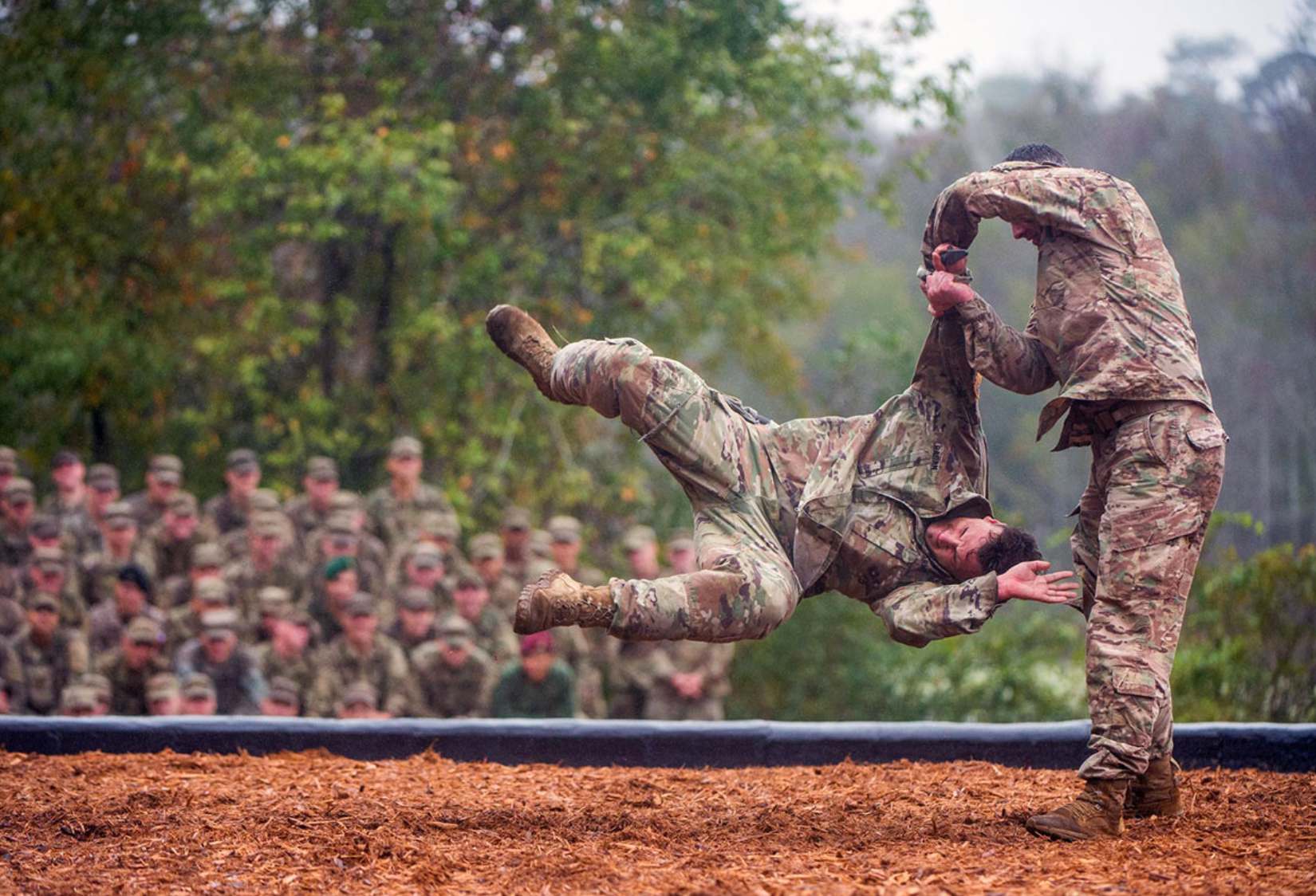 Military Machine Soldiers Demonstrate Hand To Hand Combat Maneuvers During The Rangers In Action Demonstration Preceding The Ranger Course Graduation At Fort Benning, Georgia