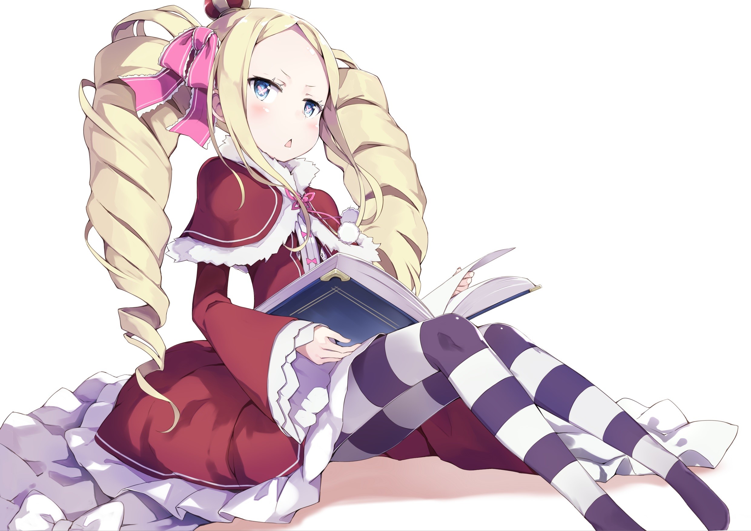 Wallpaper / Beatrice (Re: Zero), blonde, blue eyes, blushing, books, hair bows, cape, loli, long hair, pantyhose, Re:Zero Kara Hajimeru Isekai Seikatsu, twintails, white background free download