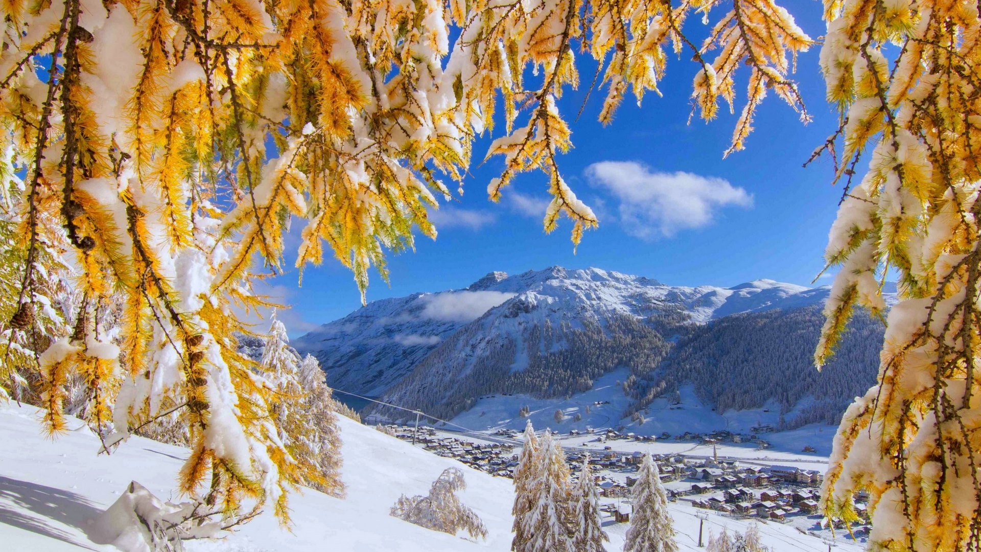 Wallpaper / hills, early, beautiful, trees, sky, winter, valley, mountain, snow, village, branches, landscape free download