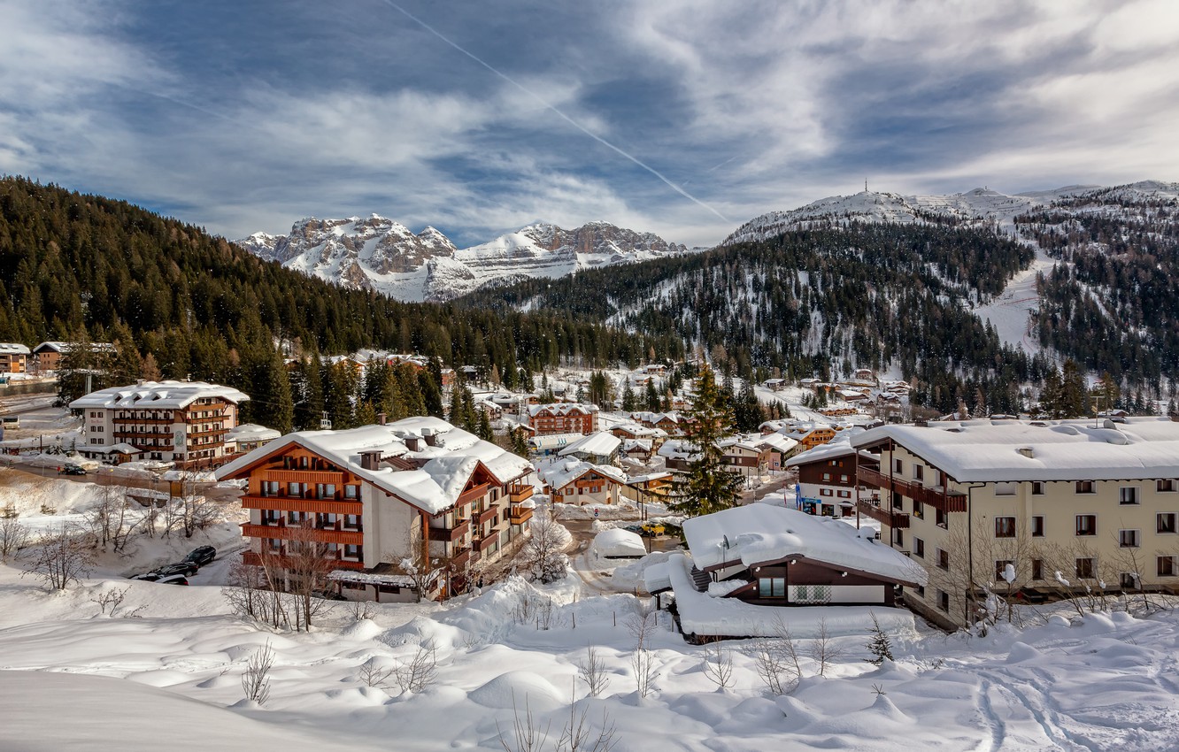 Wallpaper winter, snow, mountains, home, Alps, Italy, panorama, the village, Italy, Alps, Madonna di Campiglio, Madonna di Campiglio, Trentino, Trento image for desktop, section пейзажи