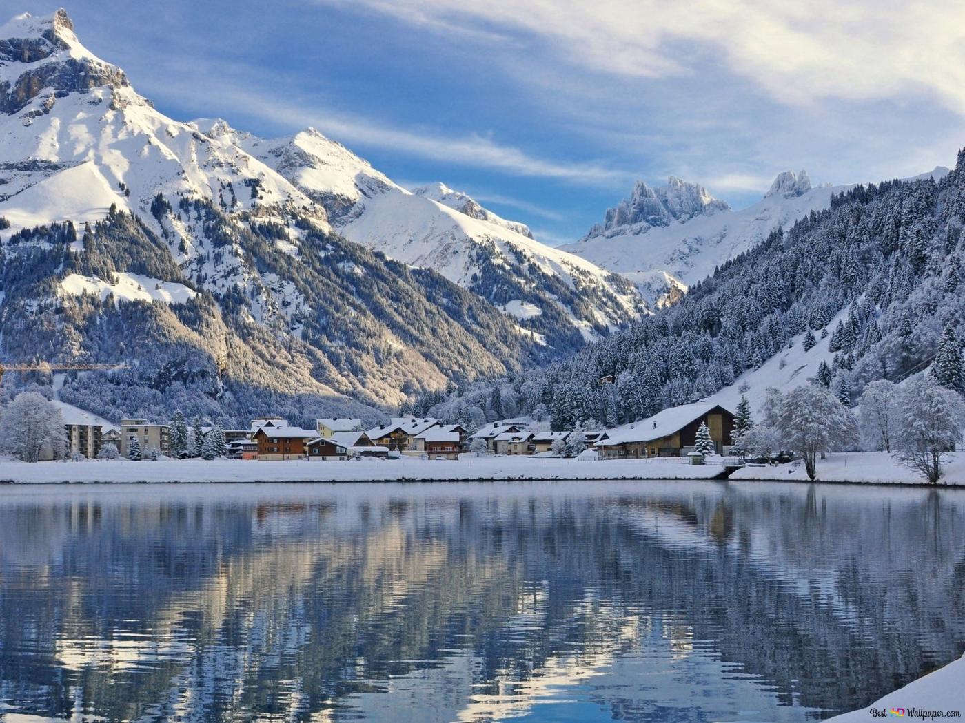 Mountain village in winter HD wallpaper download