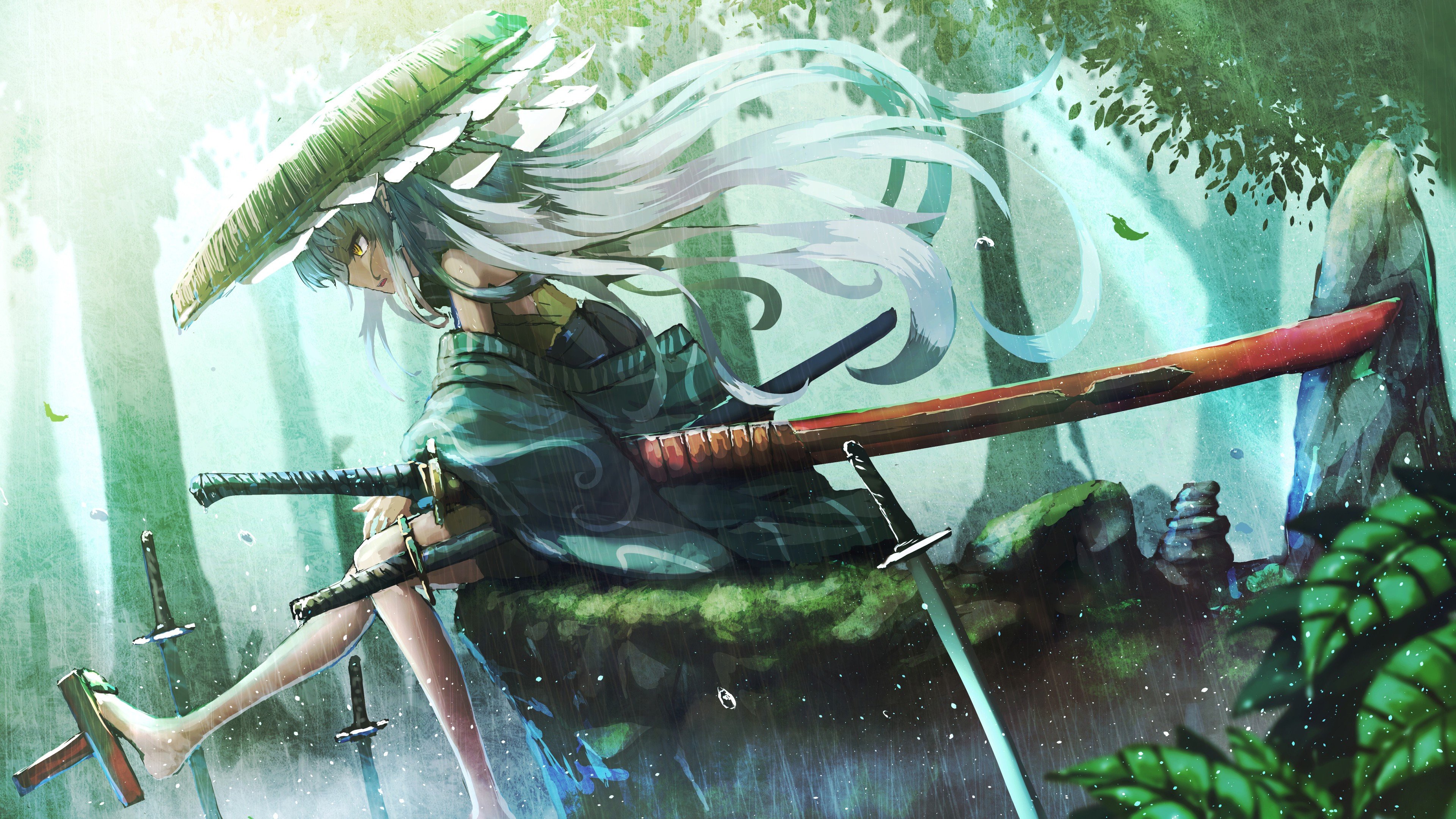 Lexica - anime samurai girl standing in the rain in the style of guweiz