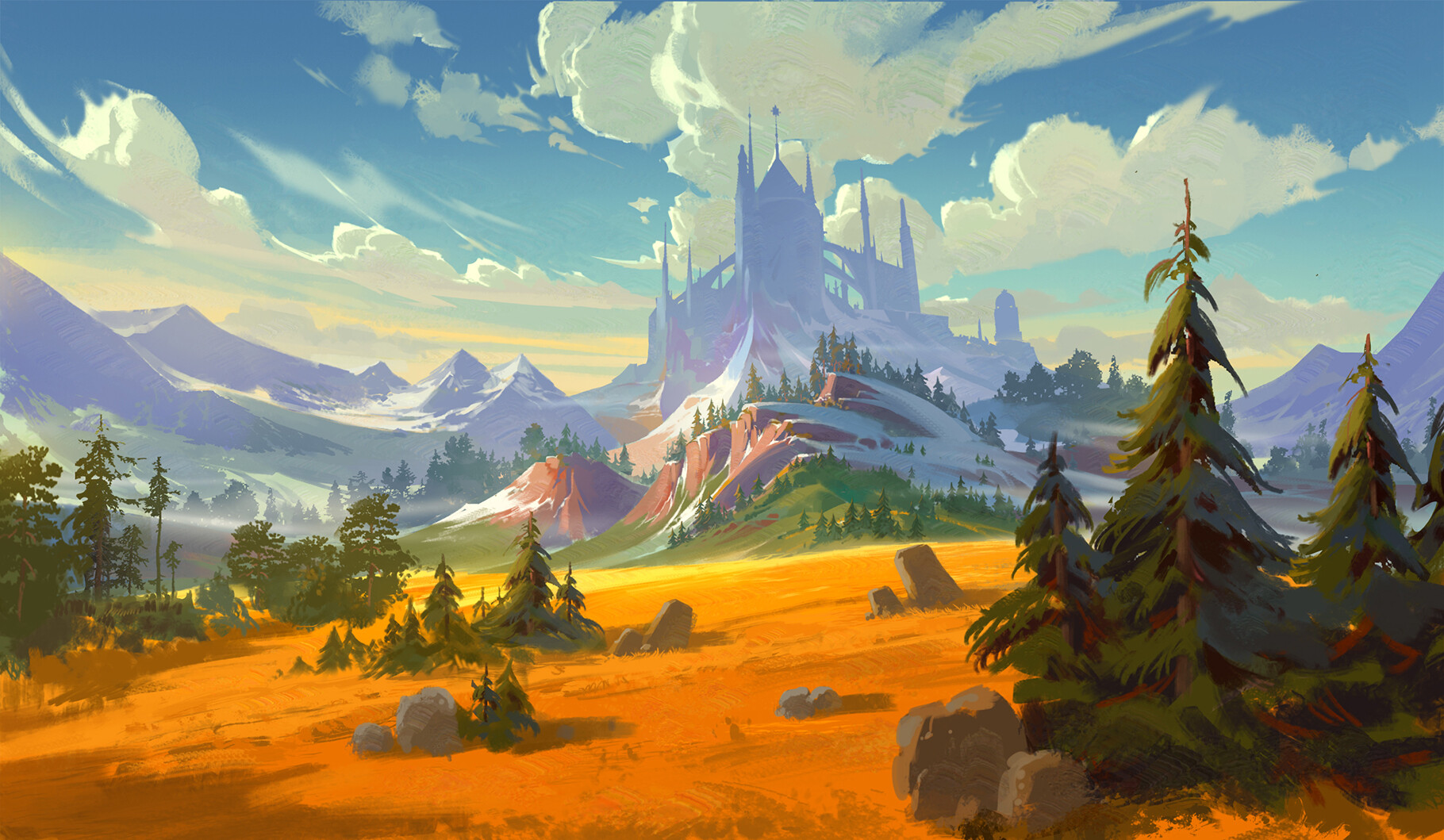 Wallpaper, MH C, landscape, digital art, mountains, nature, trees, plants, rocks, clouds, field, castle 1820x1059