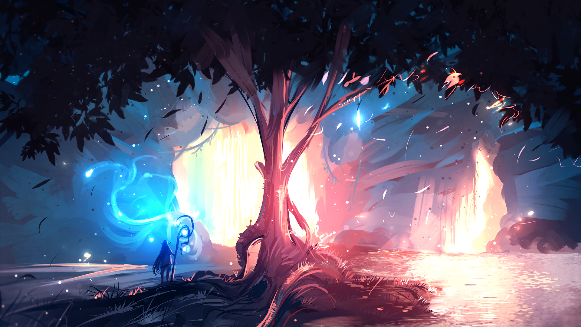 Wallpaper / digital art, landscape, ryky, wizard, trees, cyan free download