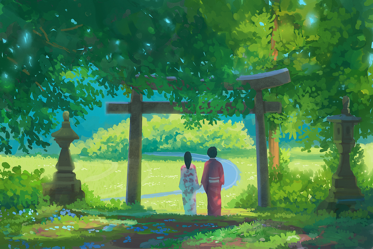 Digital Art Gydw1n Digital Painting Japanese Art Landscape Torii Trees Wallpaper:1280x855