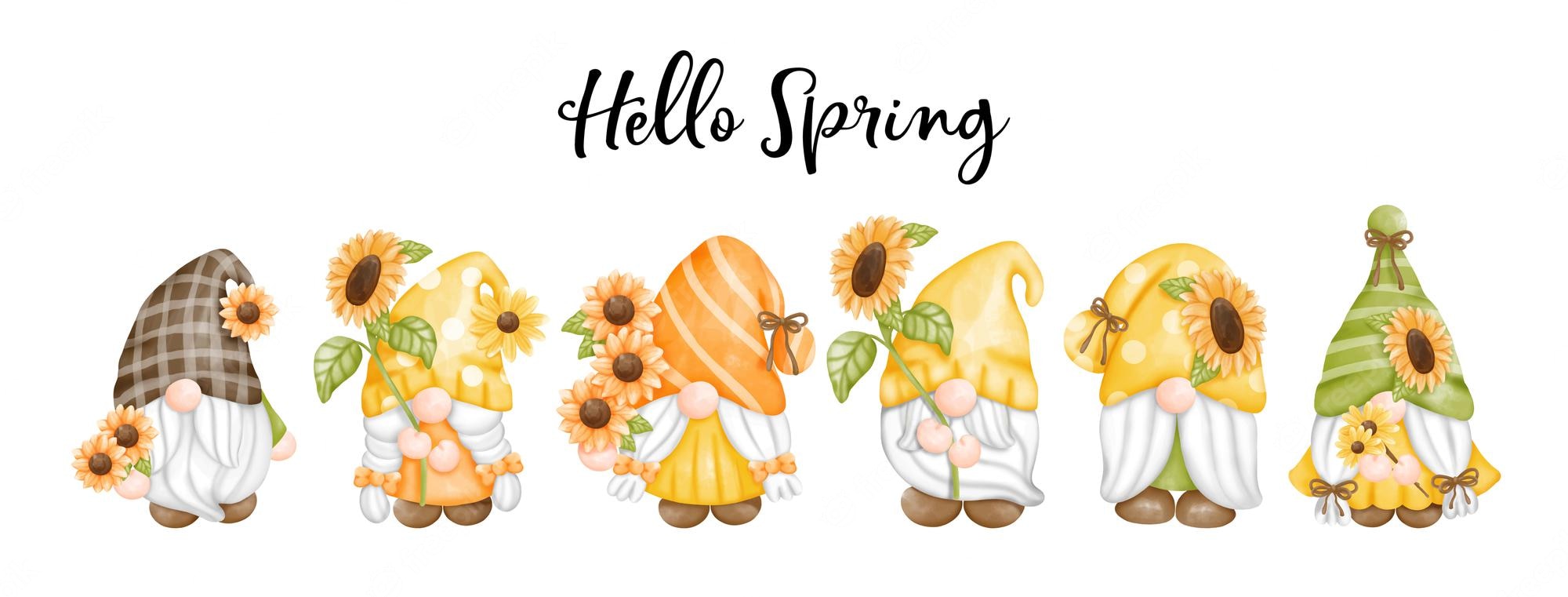 Premium Vector. Digital painting watercolor sunflower gnomes hello spring greetings
