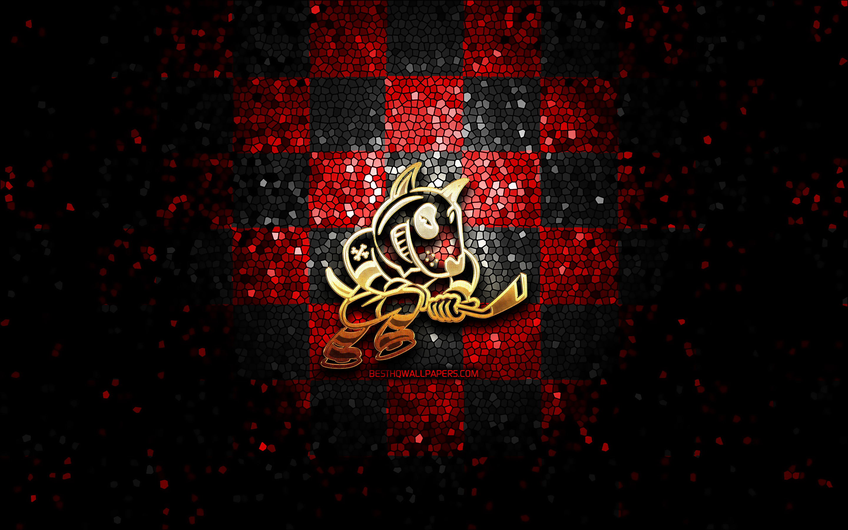Download wallpaper Niagara IceDogs, glitter logo, OHL, red black checkered background, hockey, canadian hockey team, Niagara IceDogs logo, mosaic art, Canada for desktop with resolution 2880x1800. High Quality HD picture wallpaper