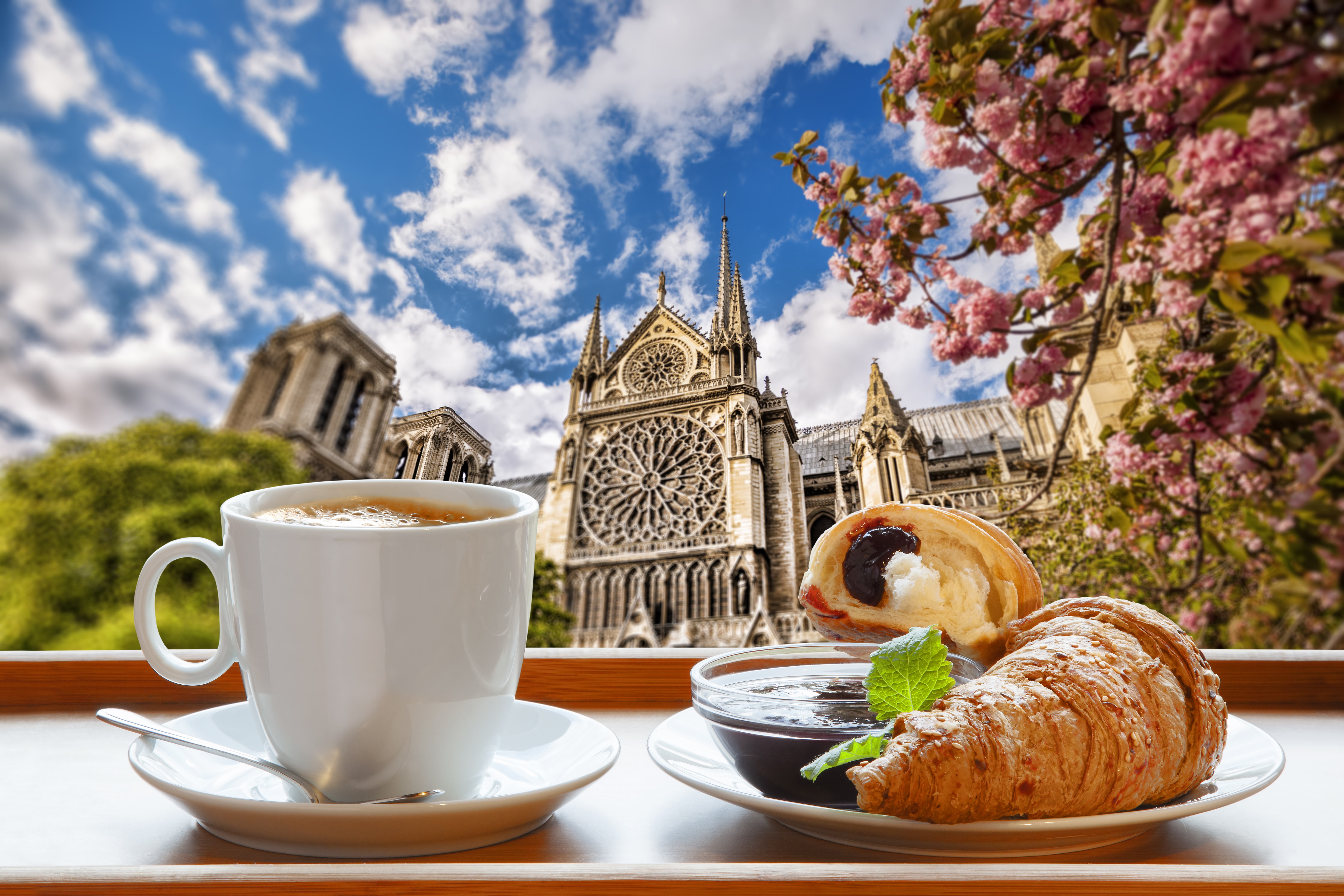 4K, 5K, 6K, 7K, Notre Dame cathedral spring breakfast, Coffee, Croissant, France, Cathedral, Paris, Cup, Clouds Gallery HD Wallpaper