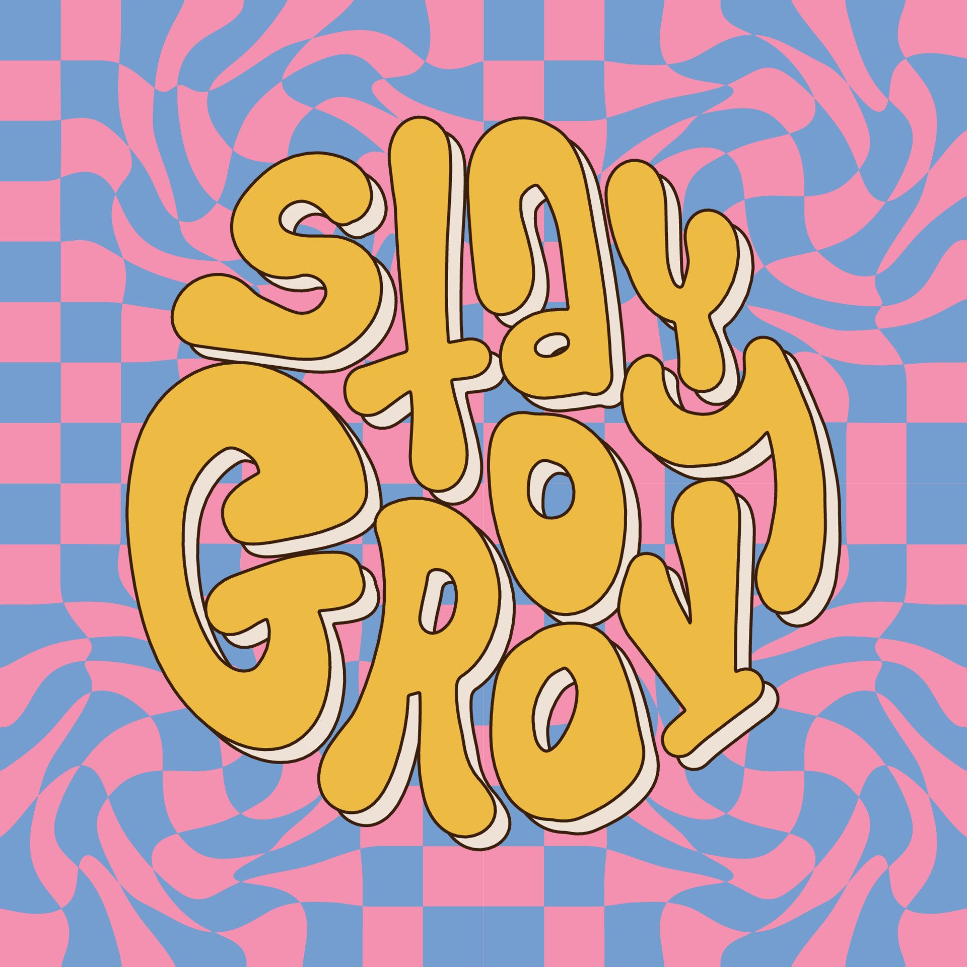 Stay groovy retro lettering slogan with hippie twirl background for tee t shirt or poster sticker. Round shape hand drawn inspirational quote. Vector contour illustration