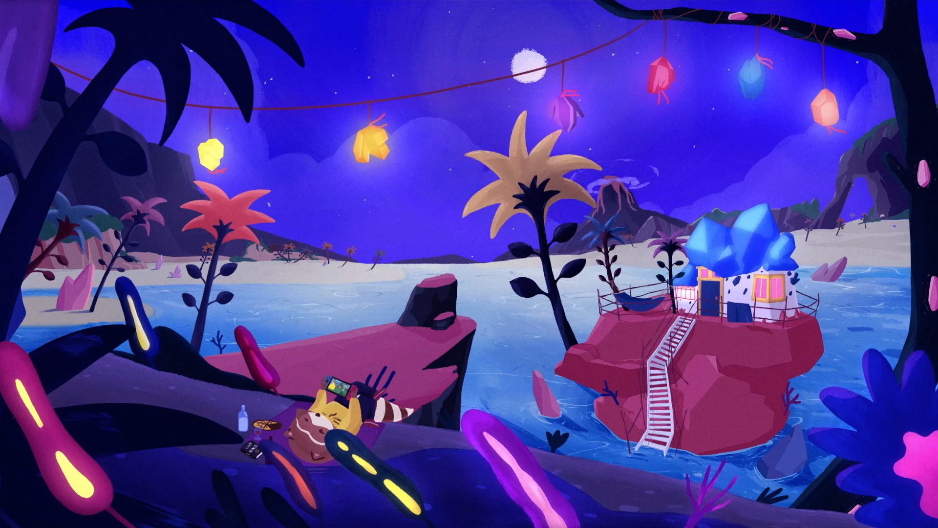 Raccoons Beach Crystal Plants Night Nintendo Switch Volcano Trees Rafael De Araujo Wallpaper:1920x1080