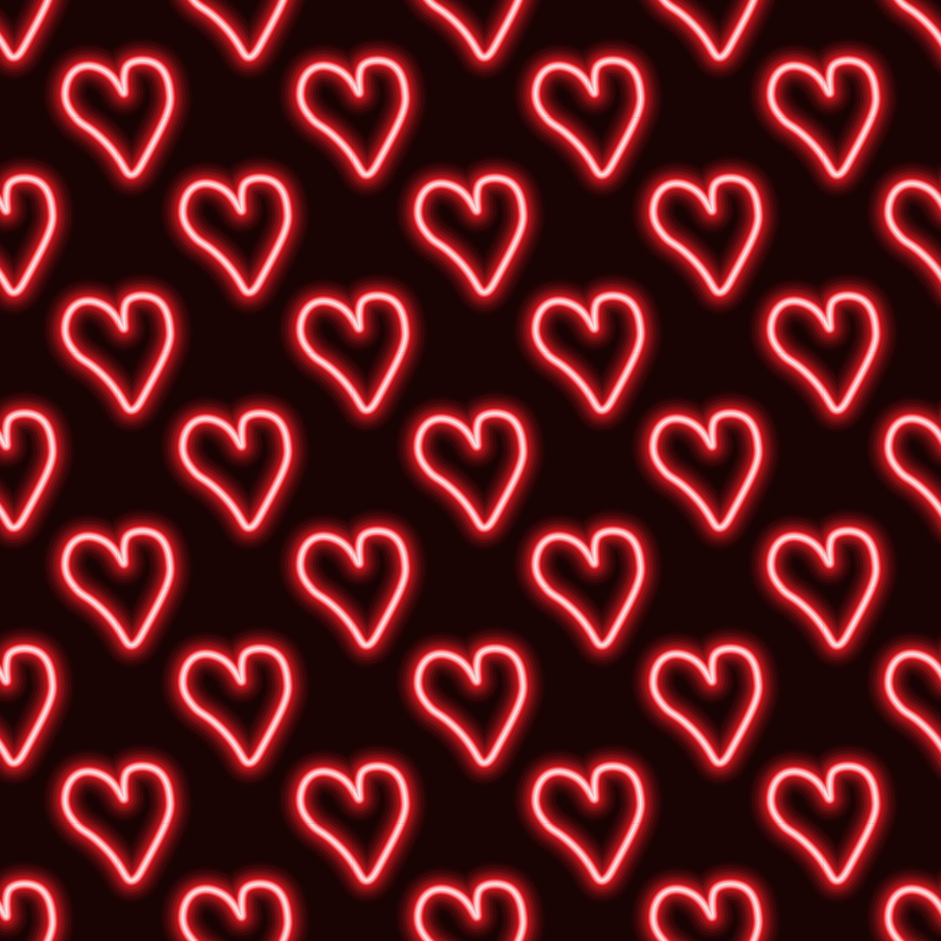 Neon hearts pattern. Valentine's day pattern. Red hearts on dark background