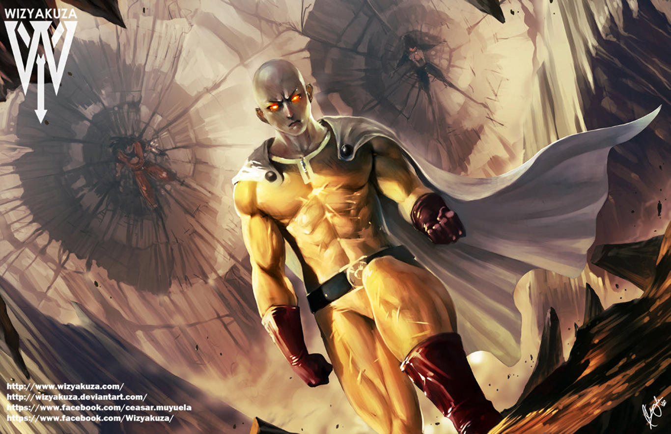Wallpaper, One Punch Man, Saitama One Punch Man, Son Goku, Vegeta Dragon Ball, Dragon Ball, anime boys, fan art, digital art 1366x884