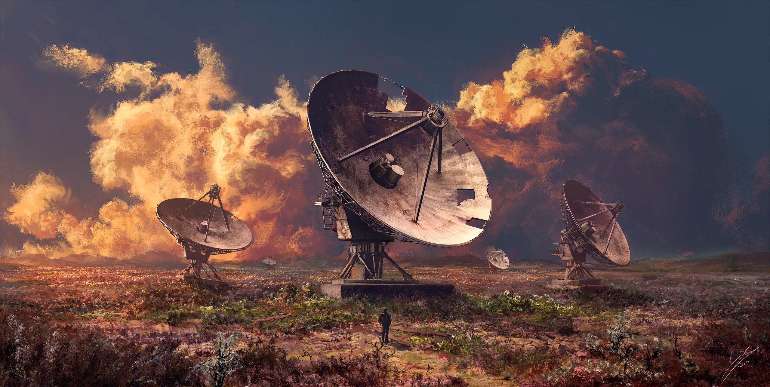satellite dish, Julian Bauer, ruins, clouds, digital art Gallery HD Wallpaper