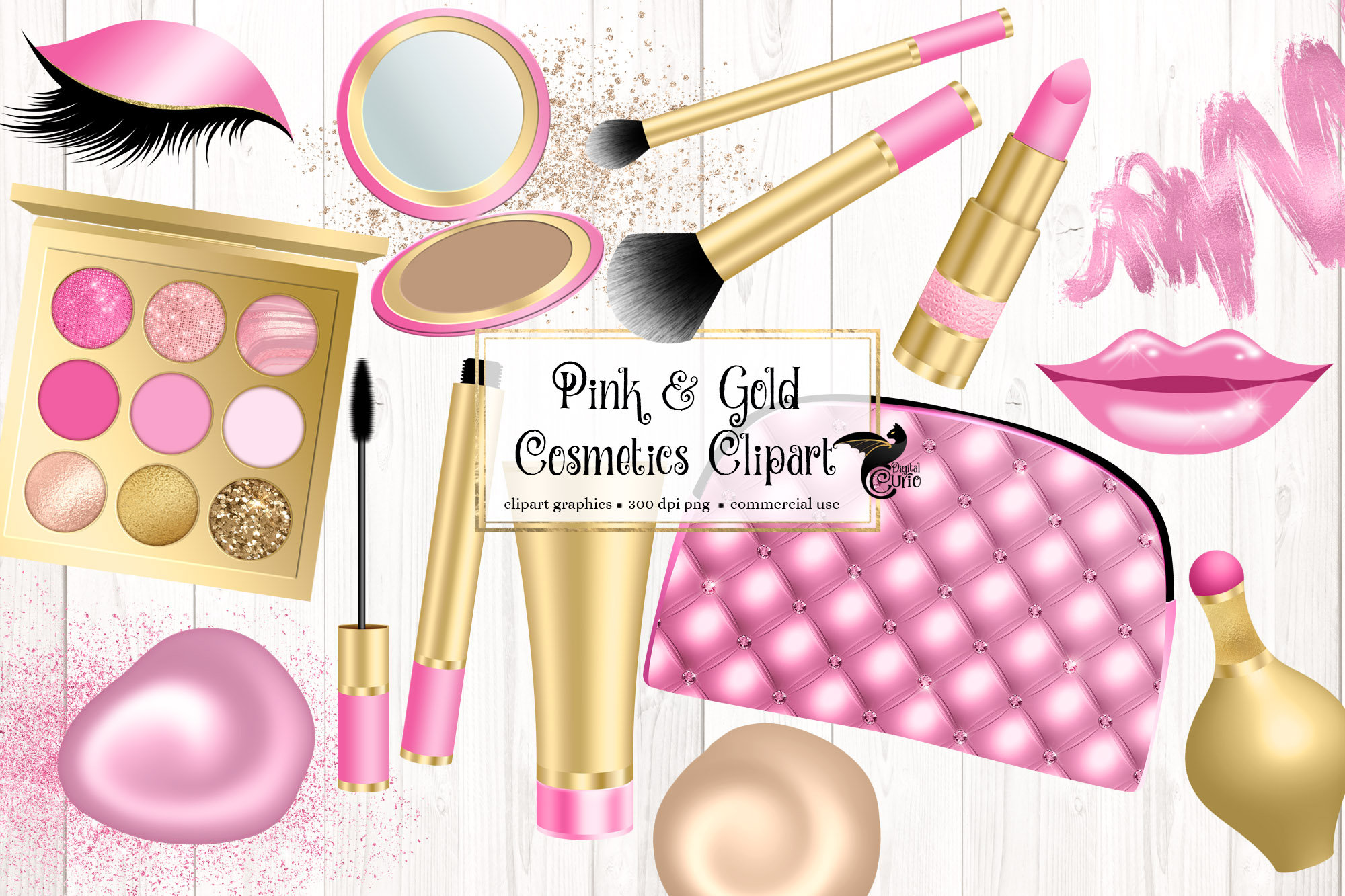 Pink and Gold Cosmetics Clip Art Digital Makeup and Beauty
