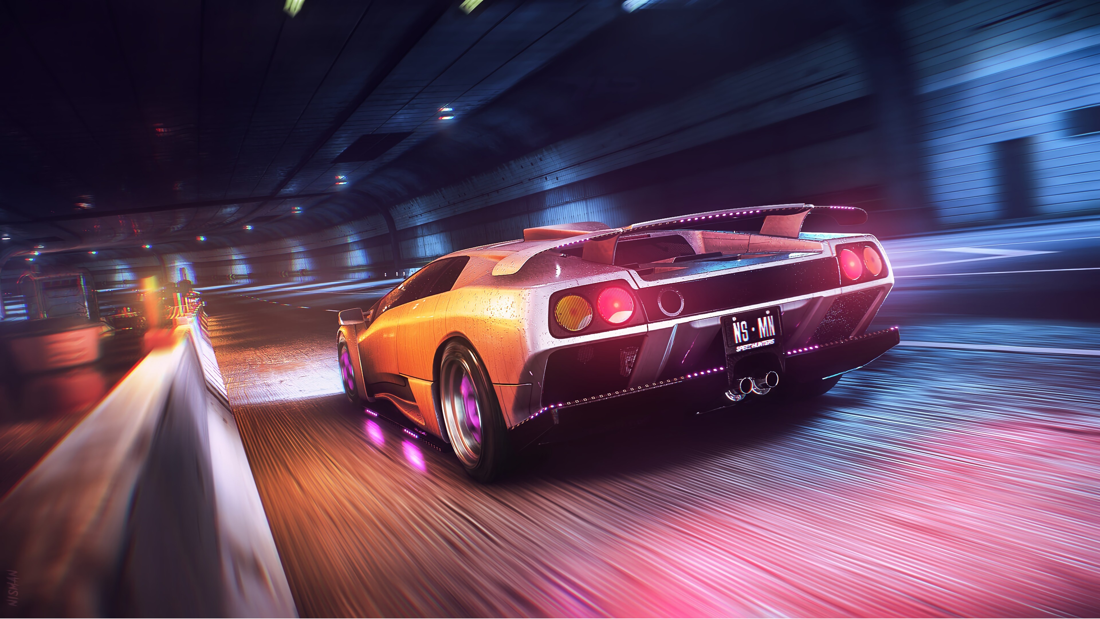 Wallpaper / Car, Sports Car, Wet, Tunnel, Supercars, Speed Limit, Neon, Neon Drive, Lamborghini, Yellow Cars, Race Cars, Race Tracks, Racer Free Download